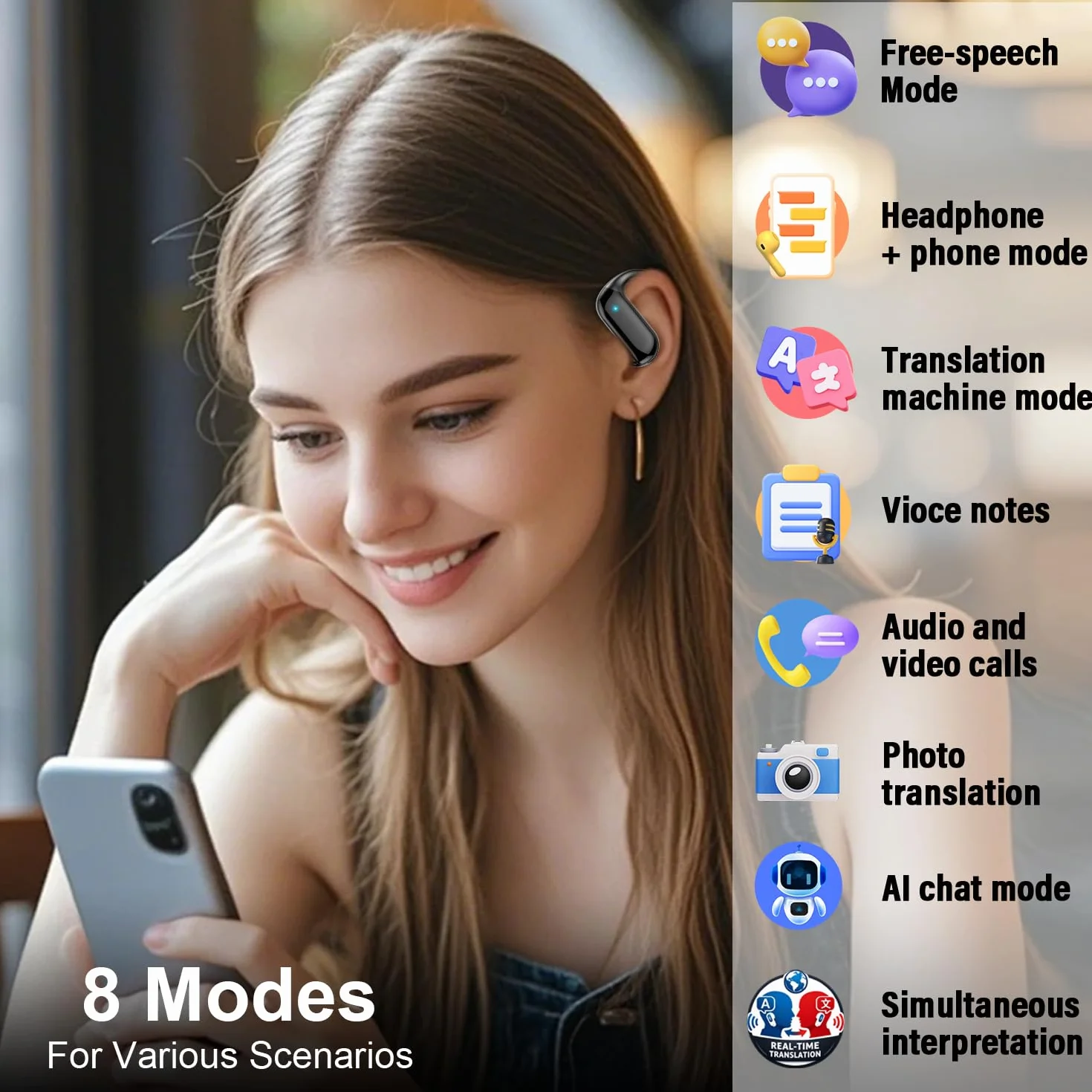 AI Ecouteur Traducteur Instantané Bluetooth 5.4 165 Langues 8 Modes Traduction 42H Open Ear ENC APP Noir