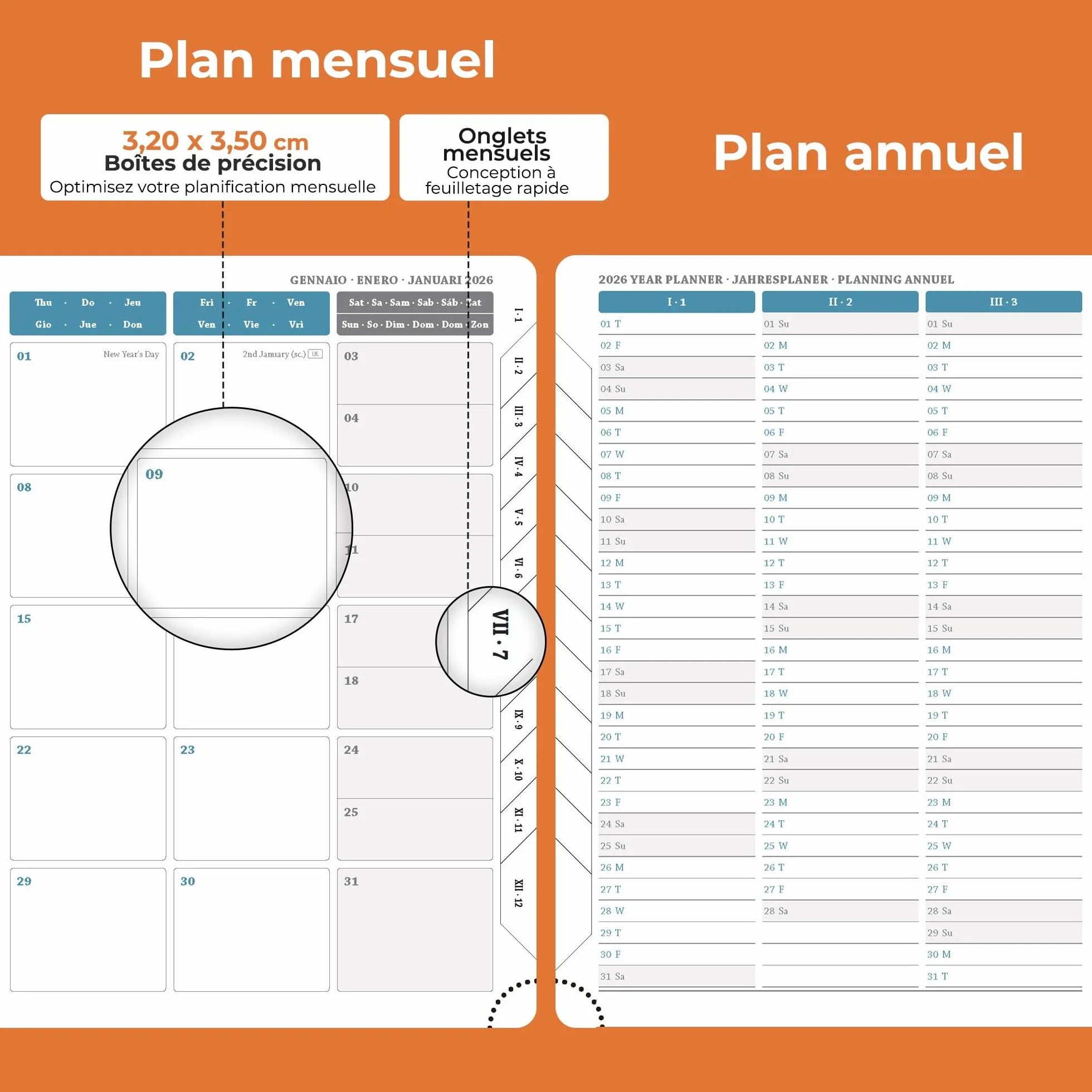 Agenda Semainier 2026 A5 21,9x16,4 cm Spirale Planificateur Hebdomadaire 12 Mois Papier 100GSM Couverture PU Cuir Orange