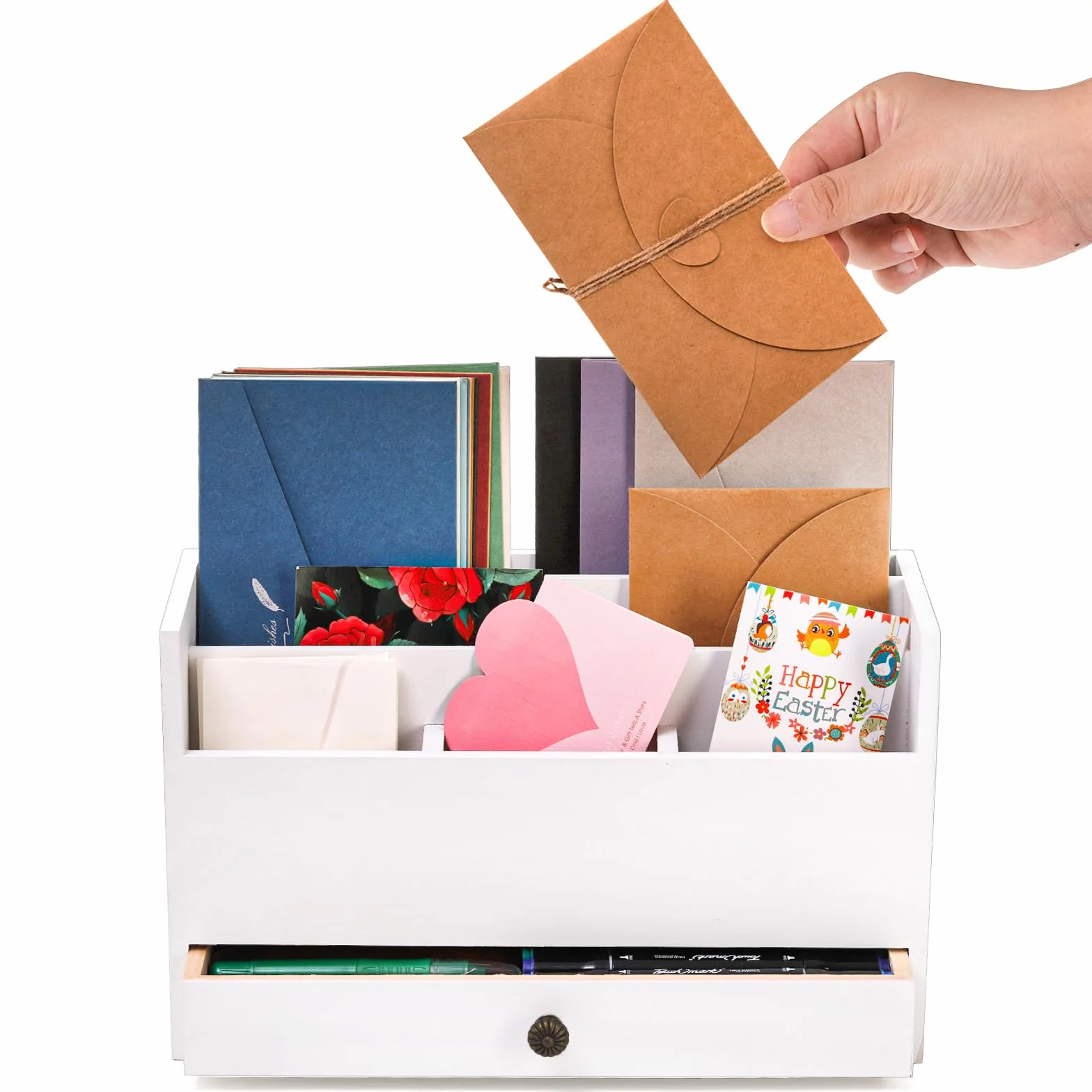 Organiseur de courrier en bois blanc avec tiroir pour bureau