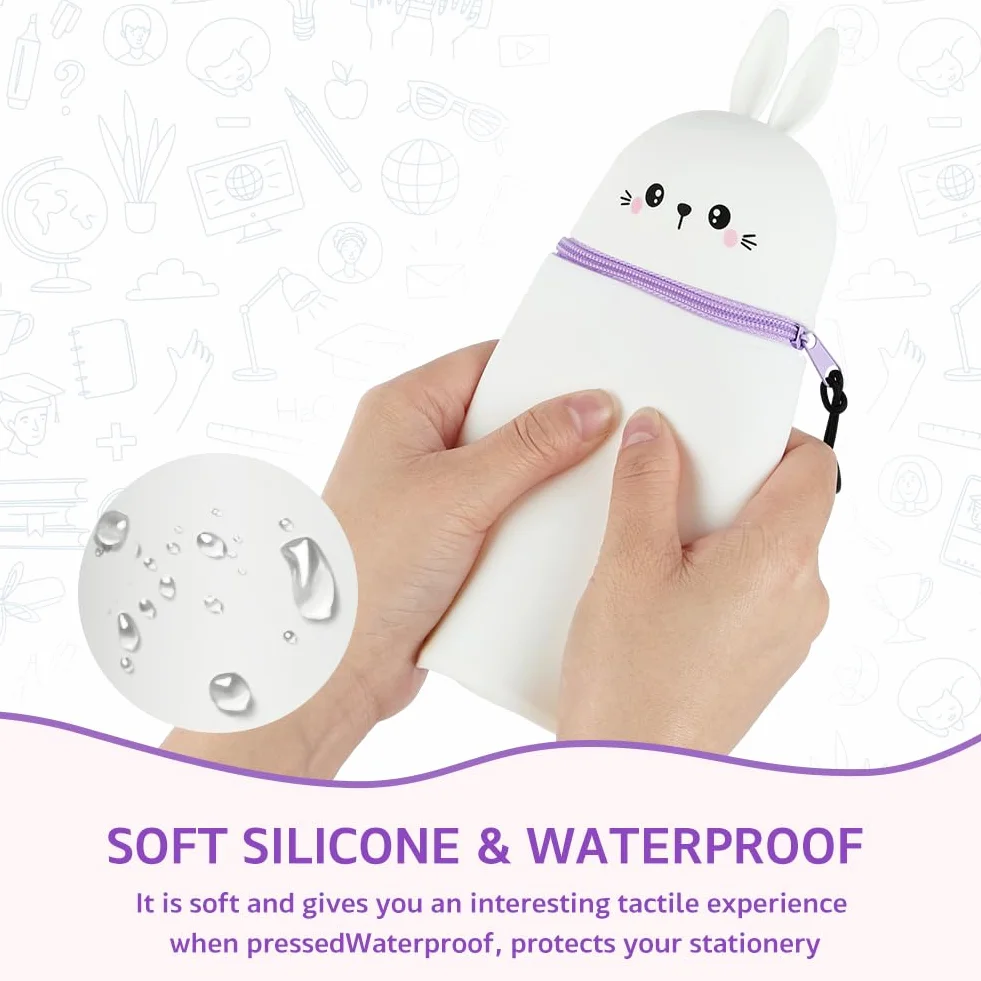 Trousse Ecole Télescopique Silicone Kawaii avec Fermeture Eclair Lapin Blanc 25x6.8cm