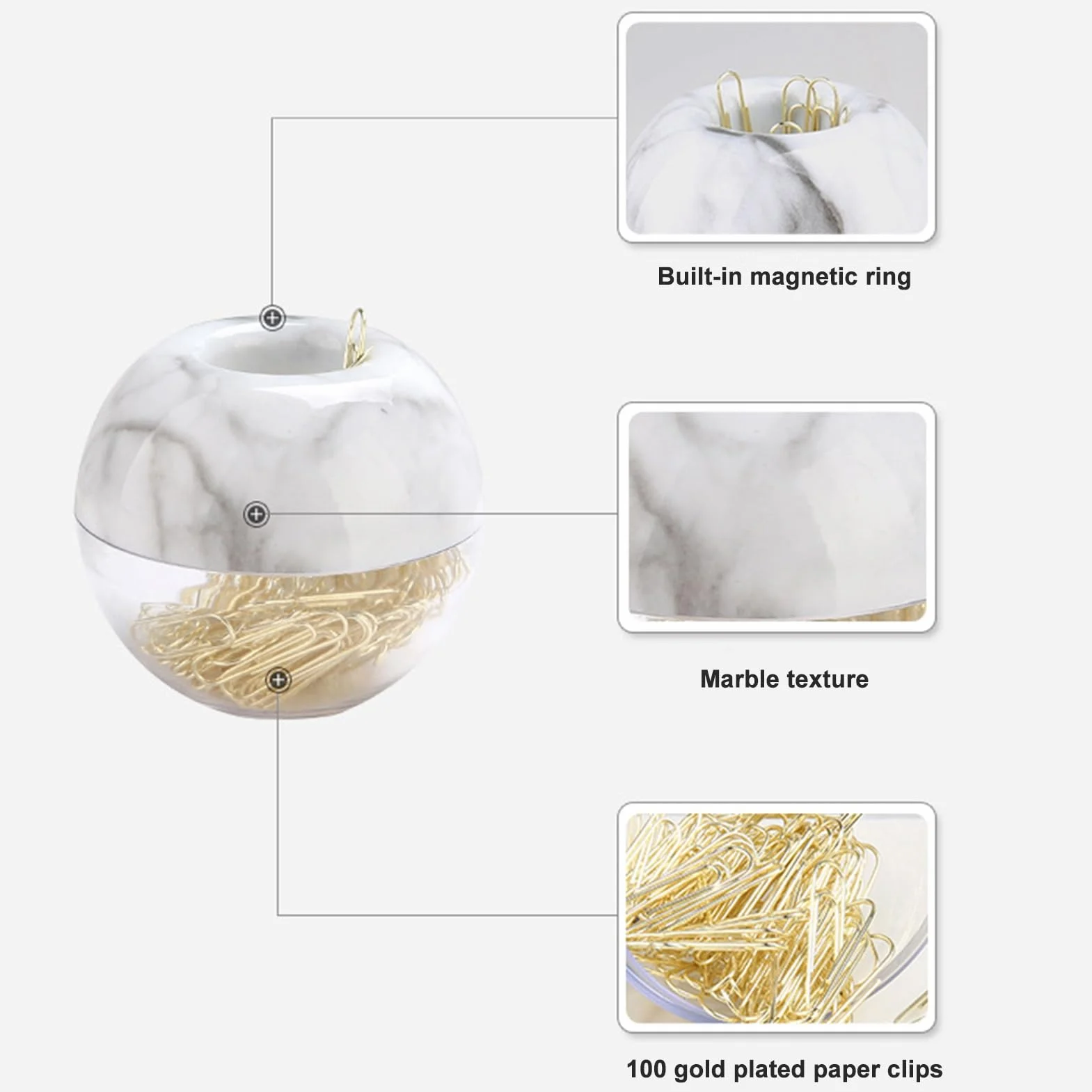 Porte-trombones magnétique marbre métallique brillant, 100 clips, organisateur bureau boîte rangement blanc
