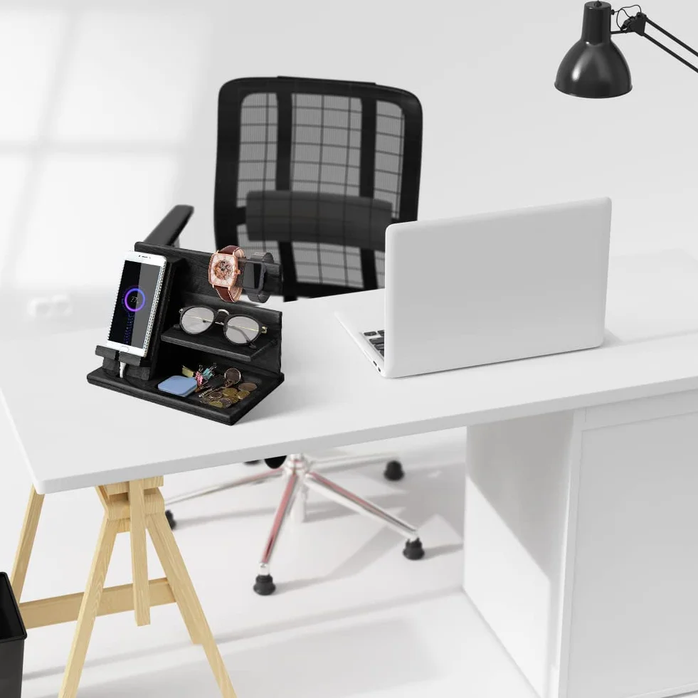 Organisateur de Bureau Bois Support Telephone Support Montre Cadeau Homme Papa Fete des Peres