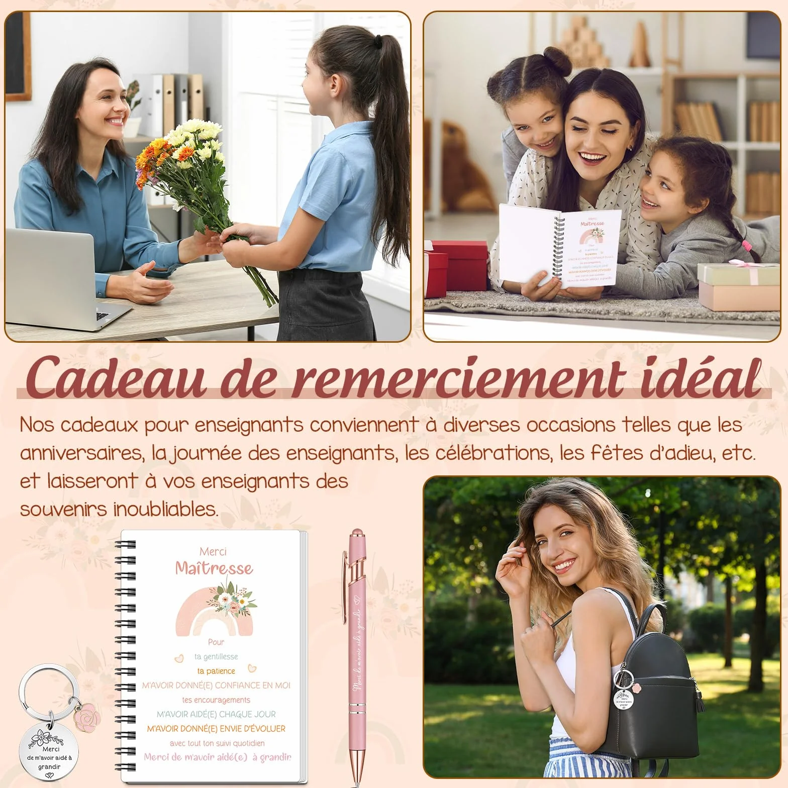 Sinmoe 3 Pièces Cadeau Maitresse Institutrice Carnet Spirale Porte Clés Stylo Bille Fin d'Année Fleurs Arcs en Ciel