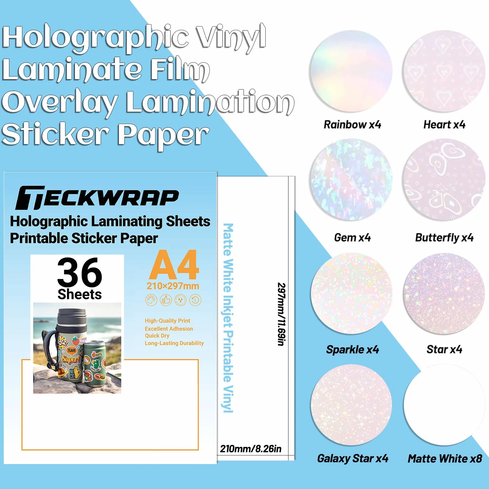 TECKWRAP Papier adhésif holographique vinyle blanc mat imprimable A4 21,6 x 27,9 cm scrapbooking