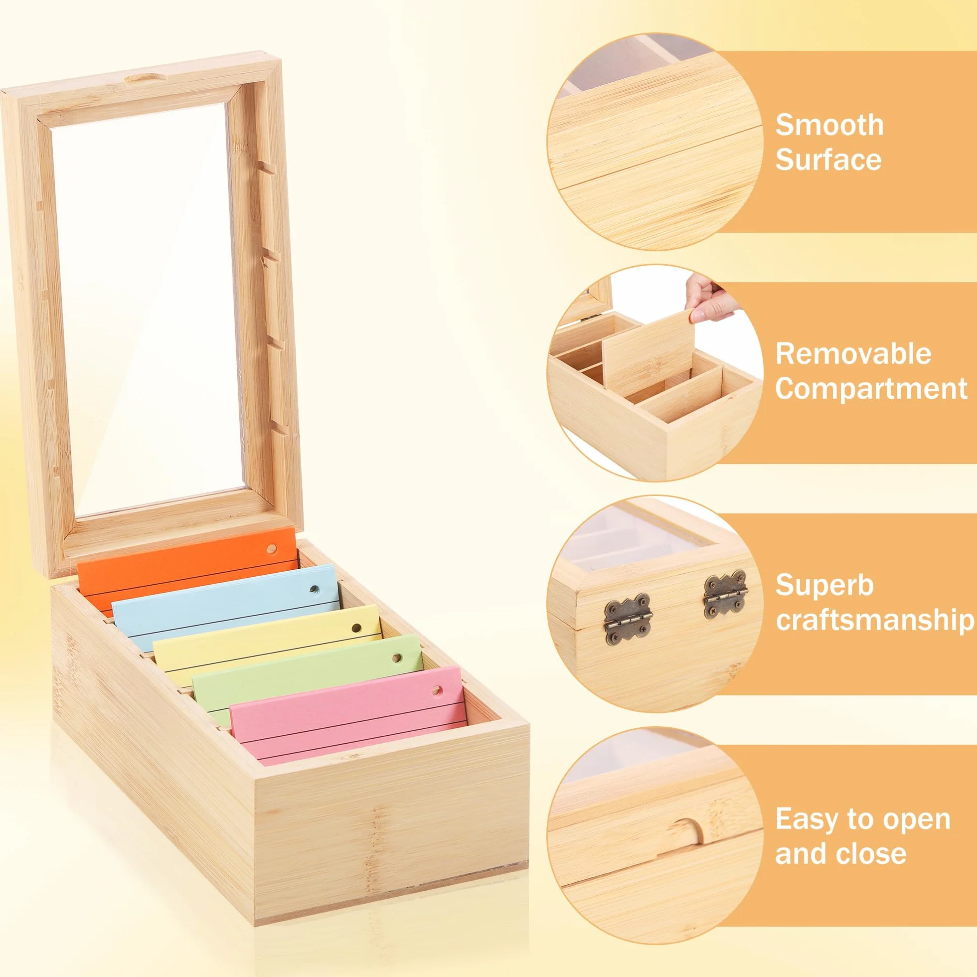 Boîte à Fiches en Bois avec Couvercle Transparent 5 Compartiments Ajustables 22x13x9 cm pour Fiches A7