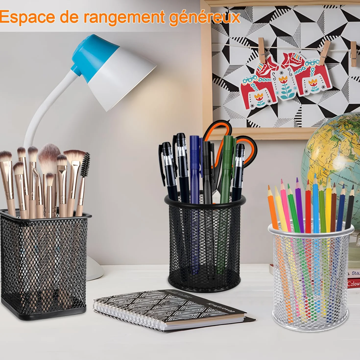 Porte Stylo en Métal Rond, Pot à Crayon Multifonction, Organisation Bureau Maison, Noir, DIFIT 4 PCS