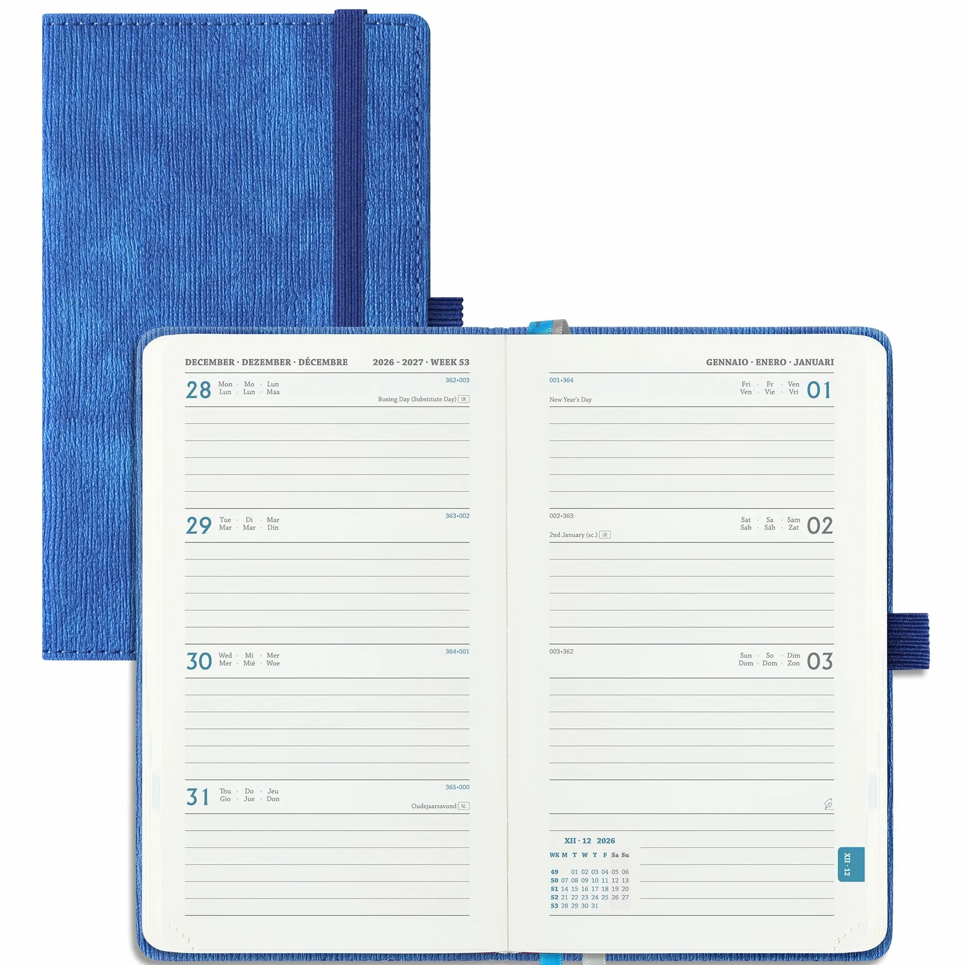 Agenda 2026-2027 Semainier de Poche A6 18 Mois Couverture Rigide PU Cuir Bleu