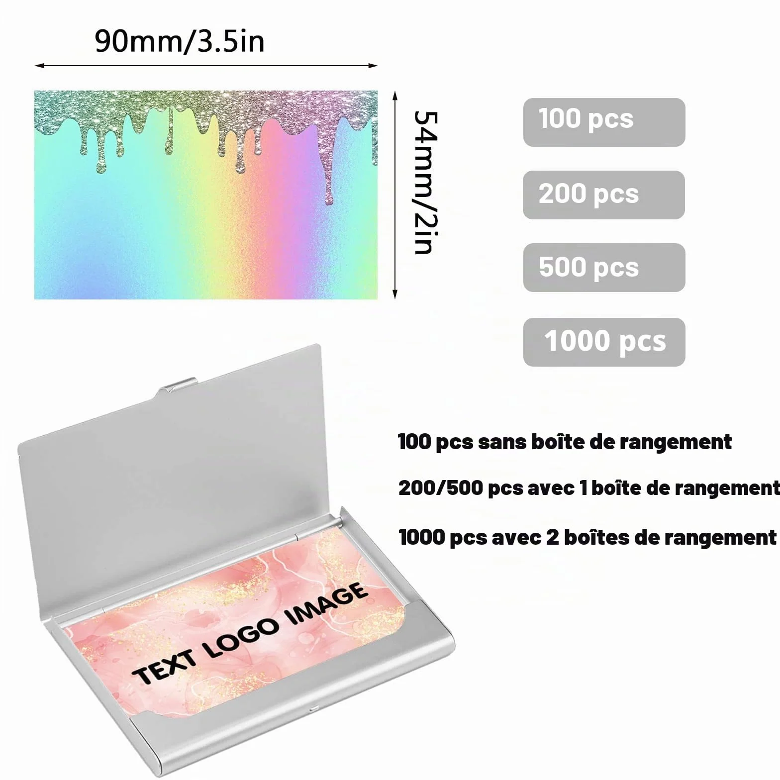 Cartes de visite personnalisées double face imperméables 8,9 x 5,1 cm marbré pailleté lot de 100