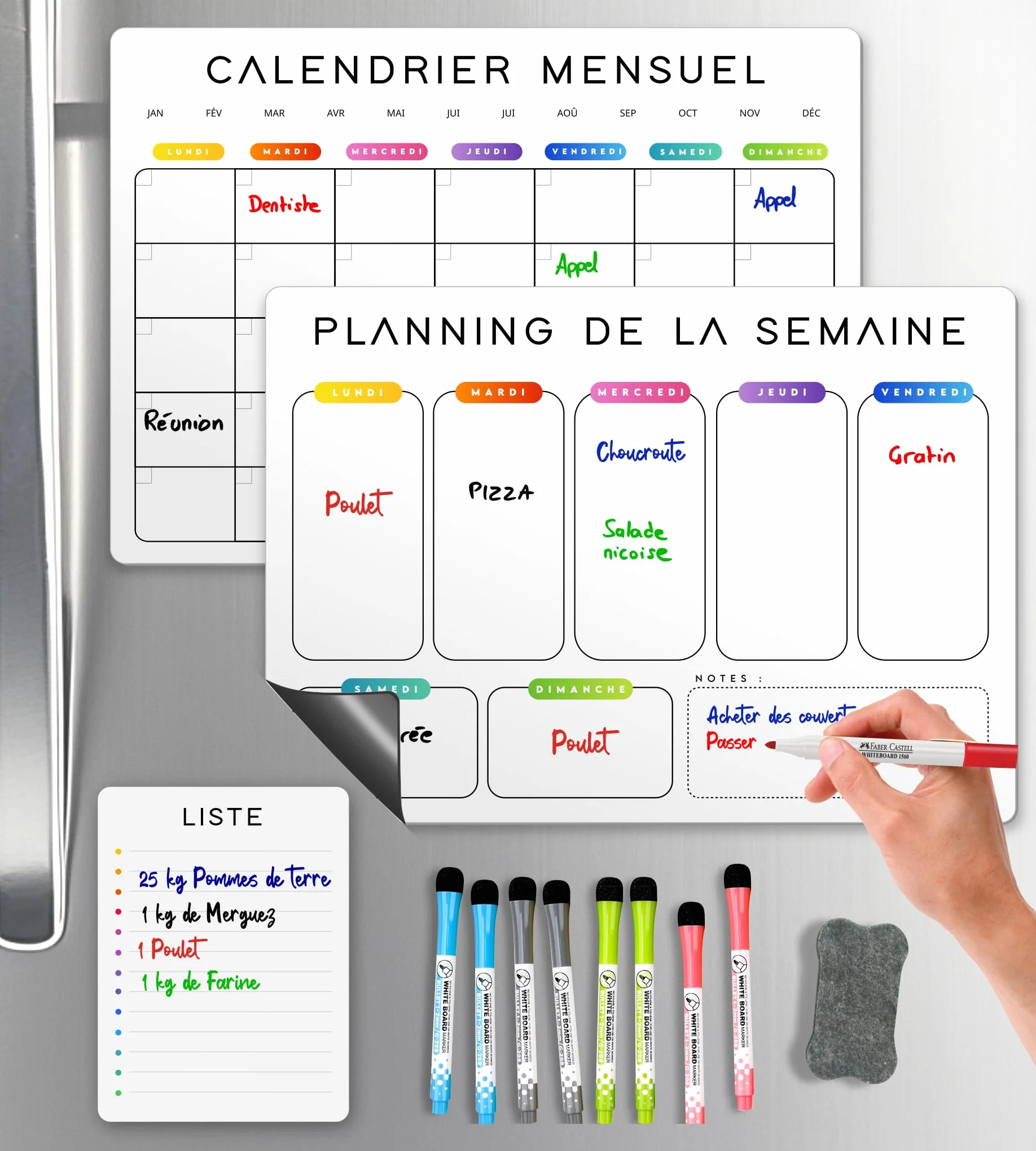 Calendrier Magnétique Frigo Blanc x3 Planificateur Hebdomadaire Mensuel Mémo Aimanté Planning Semaine Tableau Magnétique Organisateur Familial