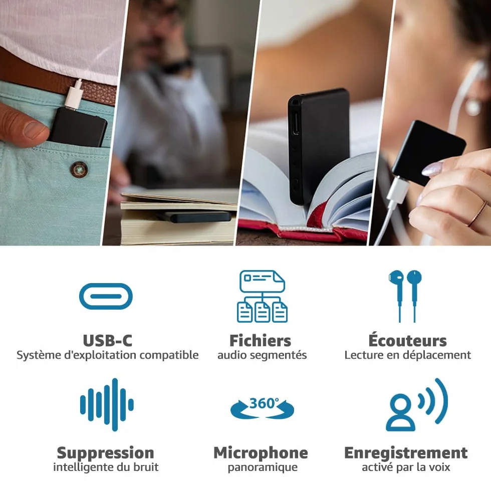 Atto Digital Mini Enregistreur Vocal 64 Go Ultra-Fin USB-C avec Activation Vocale Portable