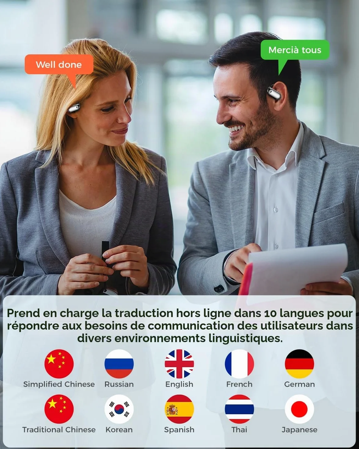 AI Traducteur de Langue Écouteurs, Traduction en Ligne 144 Langues, Temps réel, Noir
