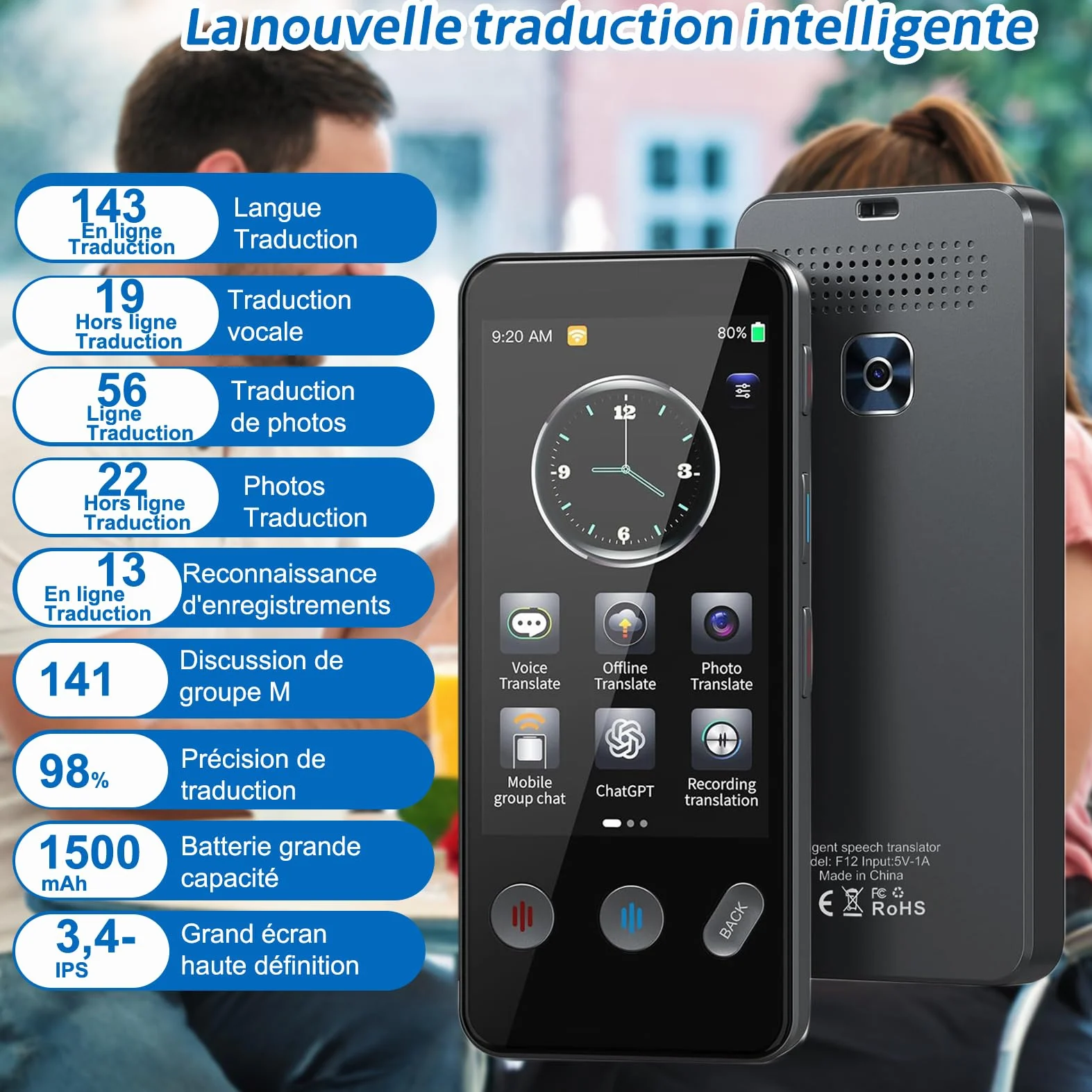 Traducteur AI Intelligent 143 Langues, Traduction Hors Ligne et Bidirectionnelle Instantanée, Cadeaux Voyage