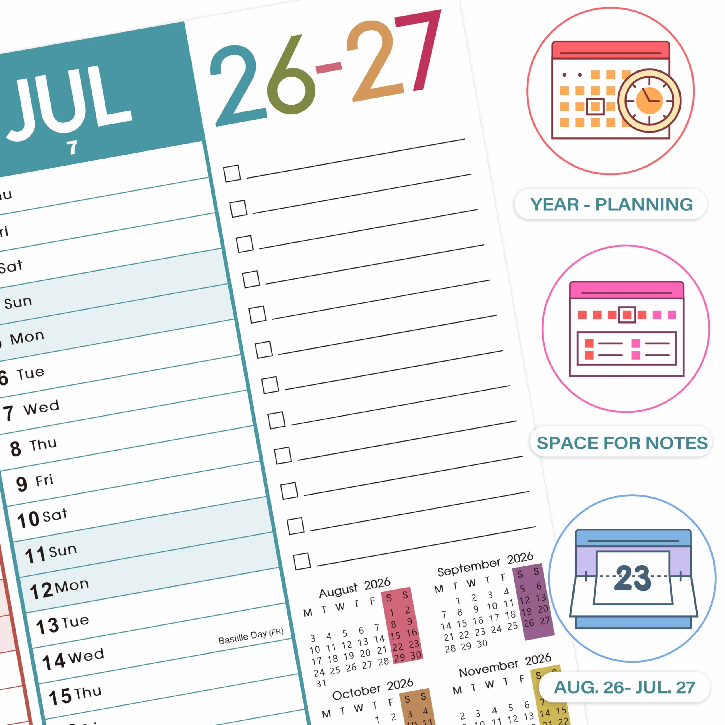 Calendrier mural 2026 grand format britannique 120 x 42 cm XXXL coloré