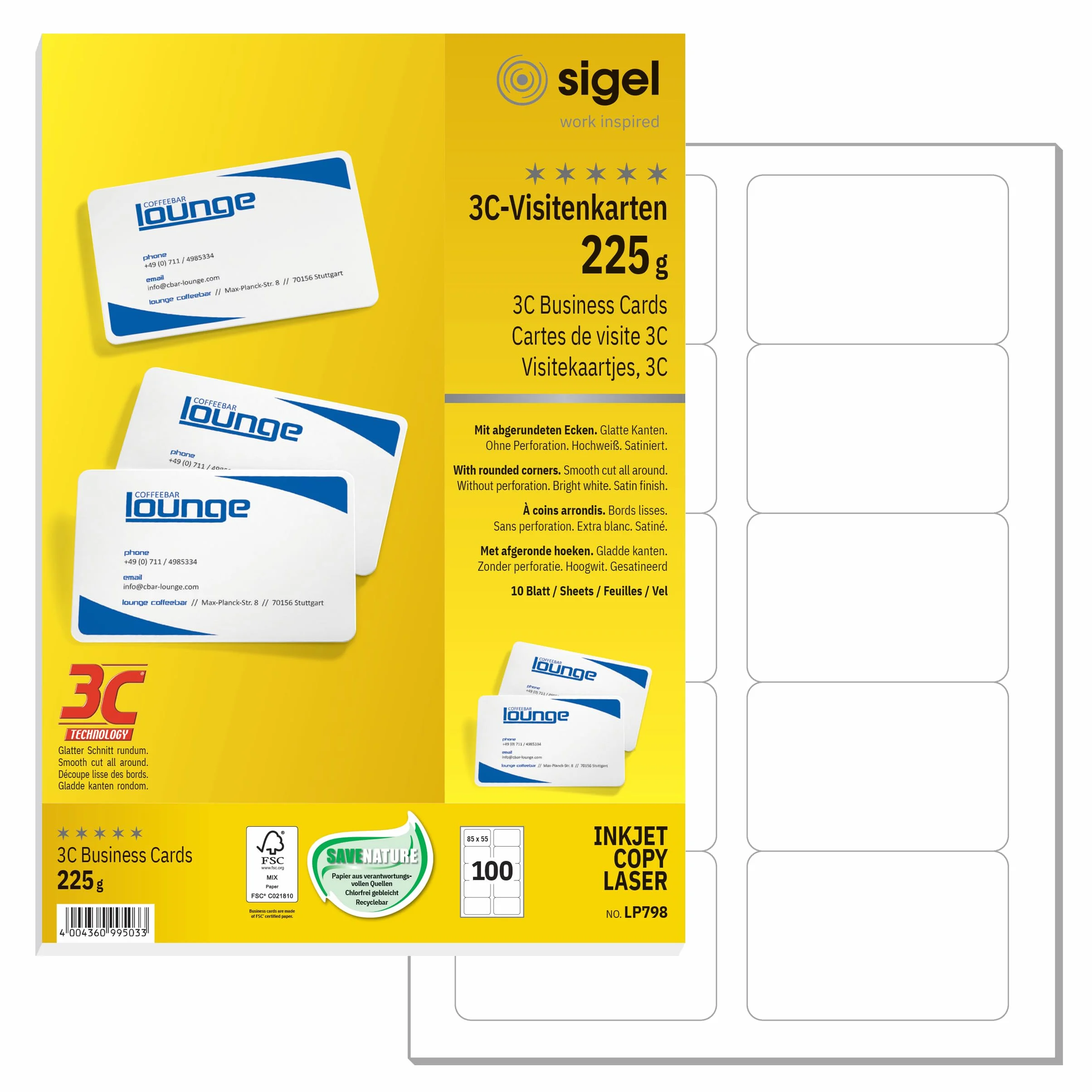 SIGEL LP798 Lot de 100 Cartes de visite imprimables à coins arrondis, 8,5 x 5,5 cm, 225 g