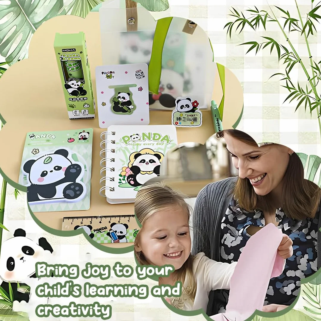 Kawaii Panda Fourniture Scolaire Set avec Gomme Règle Stylo Bloc-Notes Cadeau Rentrée Classes Enfant