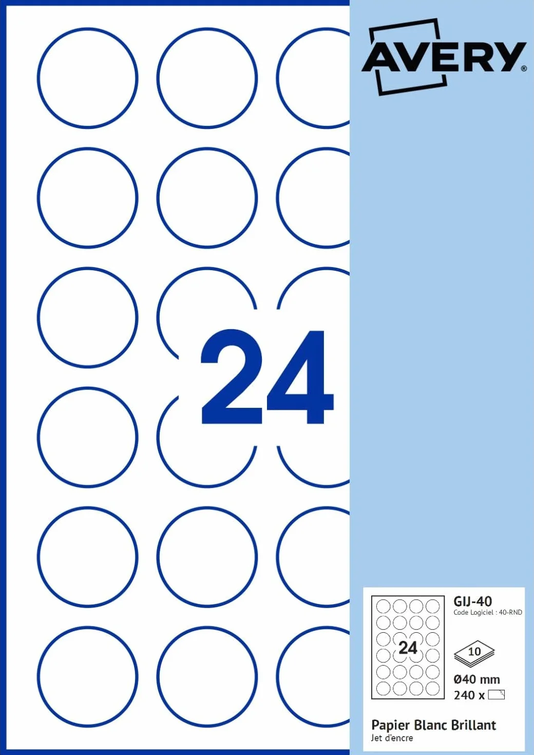 AVERY 240 étiquettes Jet d'encre blanches brillant 40mm Rondes