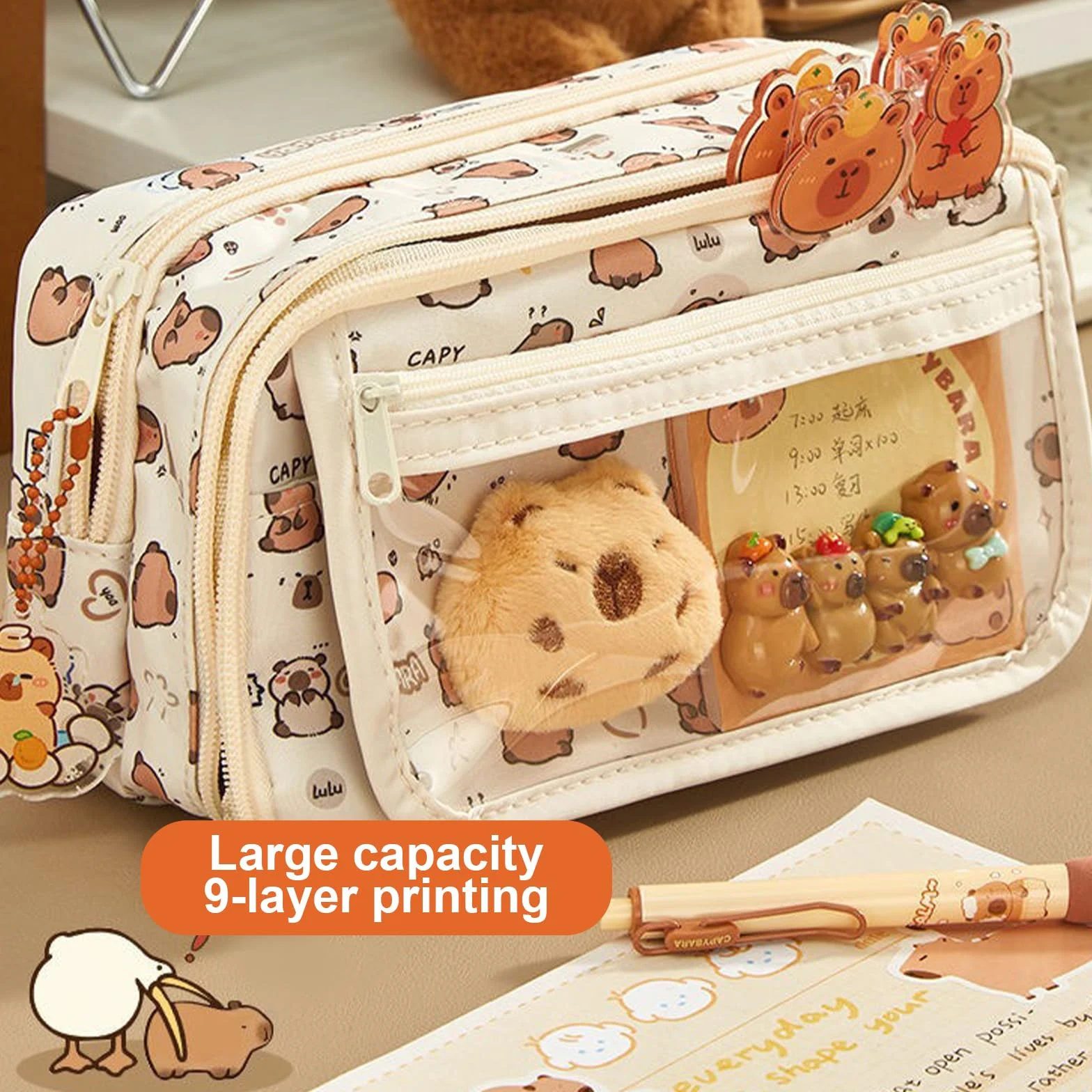 Capybara Kawaii Trousse à Crayons 58 Pièces Papeterie avec 9 Compartiments pour Bureau Scolaire Étudiants