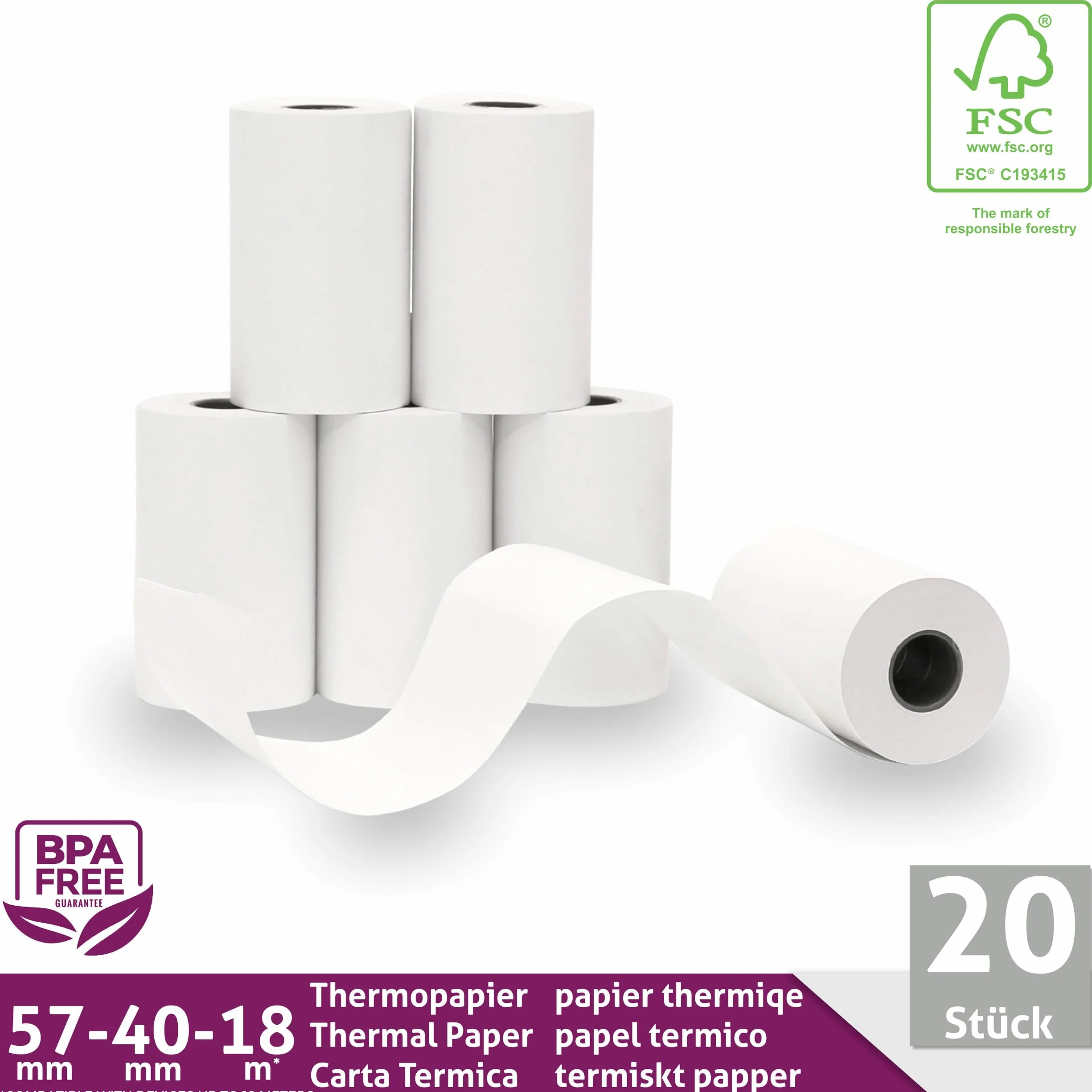 Rouleau TPE Carte Bancaire 57x40x12 Bobine papier thermique 57mm x 18m x 12mm sans BPA