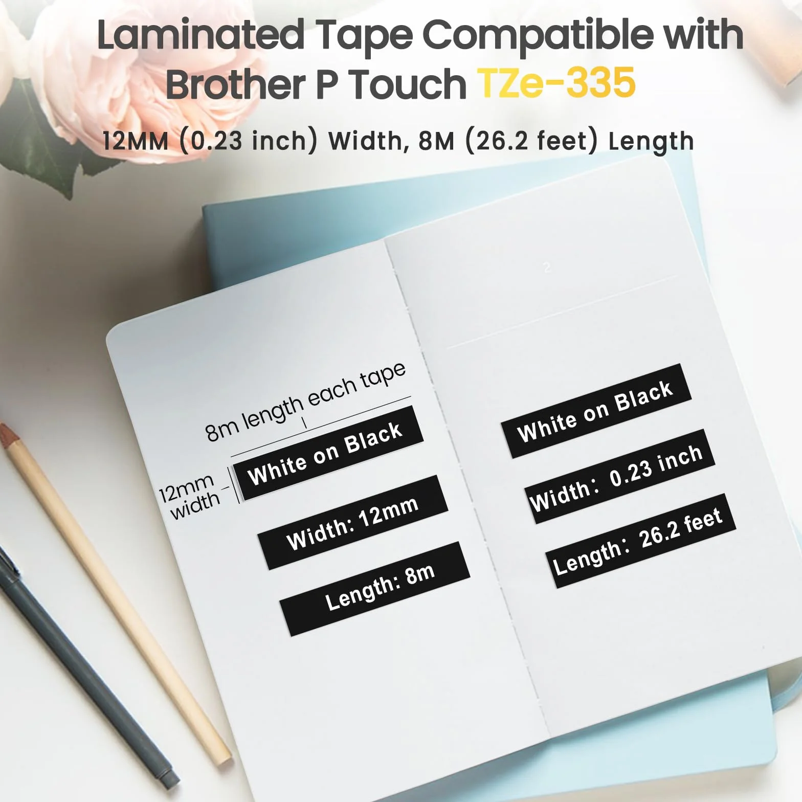 Ruban Cassette Compatible Brother P Touch TZe-335 TZ335 12mm Blanc sur Noir Cartouche Recharge Étiqueteuse