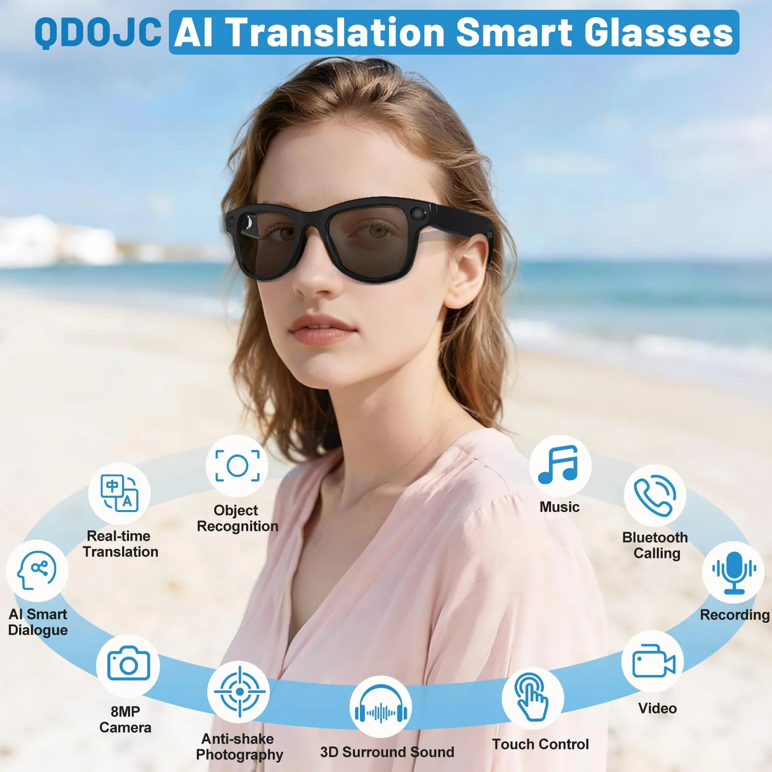 Lunettes Connectées 8MP 4K HD avec Traductrice IA, Verres Photochromiques, Bluetooth, Assistant Vocal