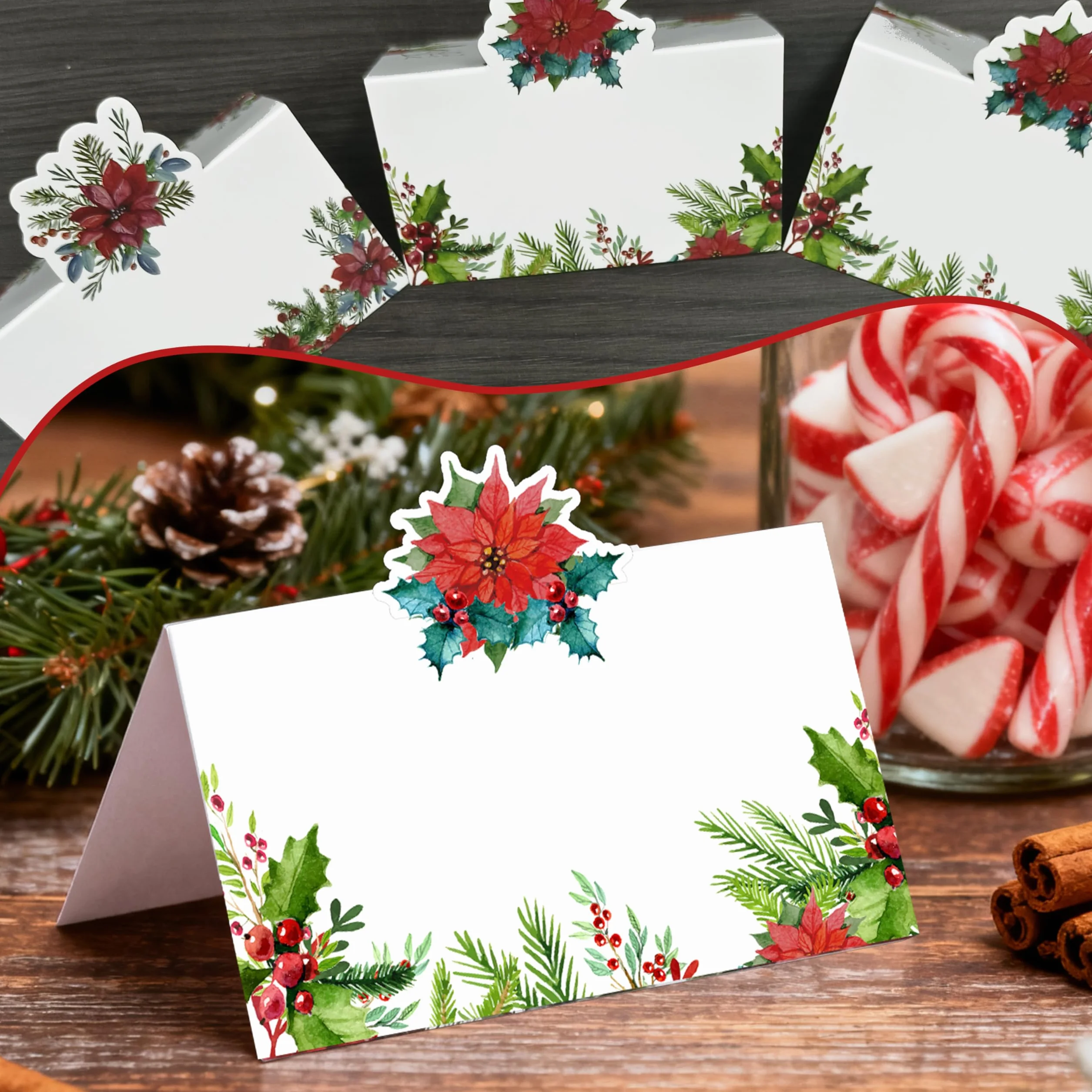 Marque-places de Noël vierges en poinsetta Lot 100 pour décoration de table