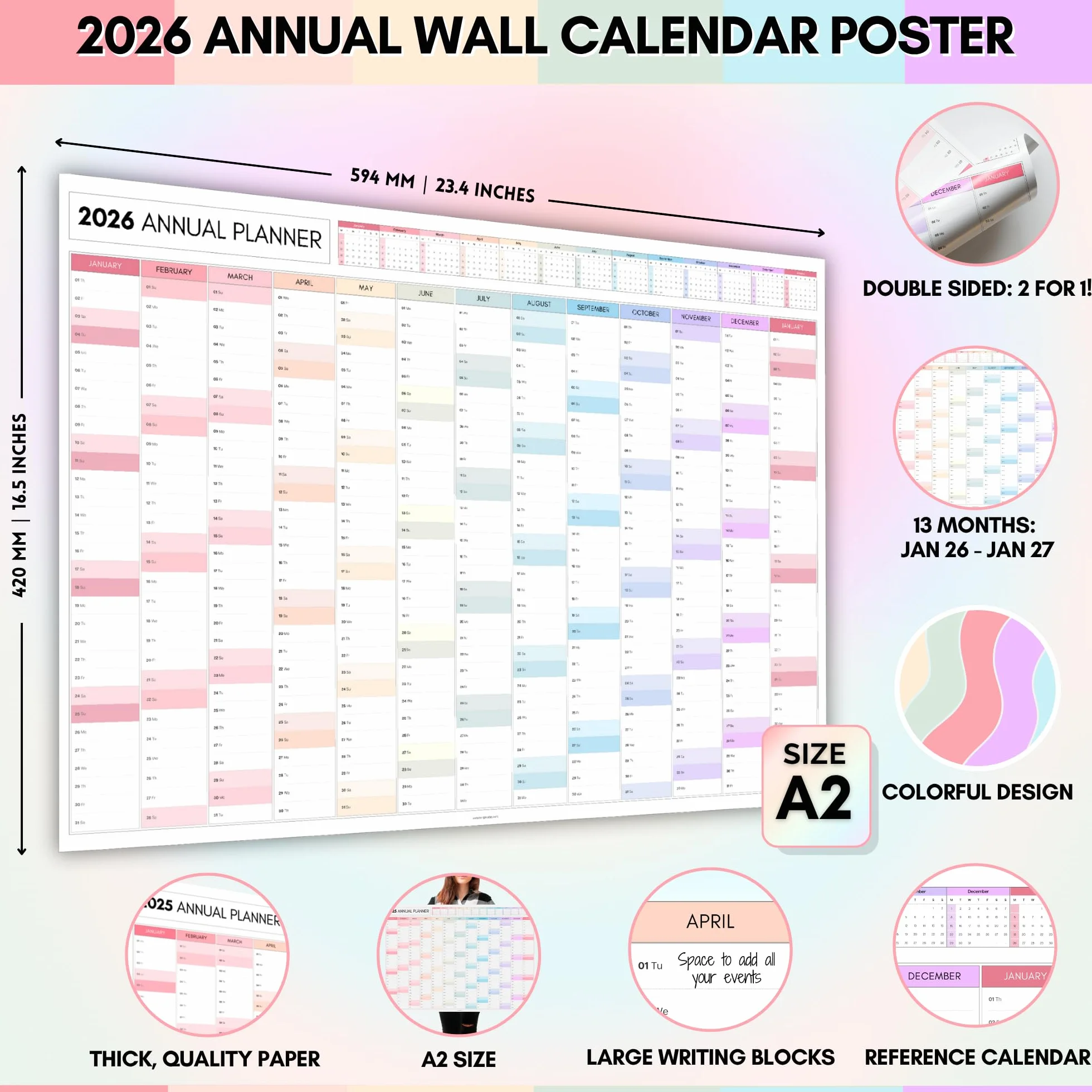Planificateur mural mensuel 2026 A2 60x42 cm double face calendrier annuel organiseur bureau école