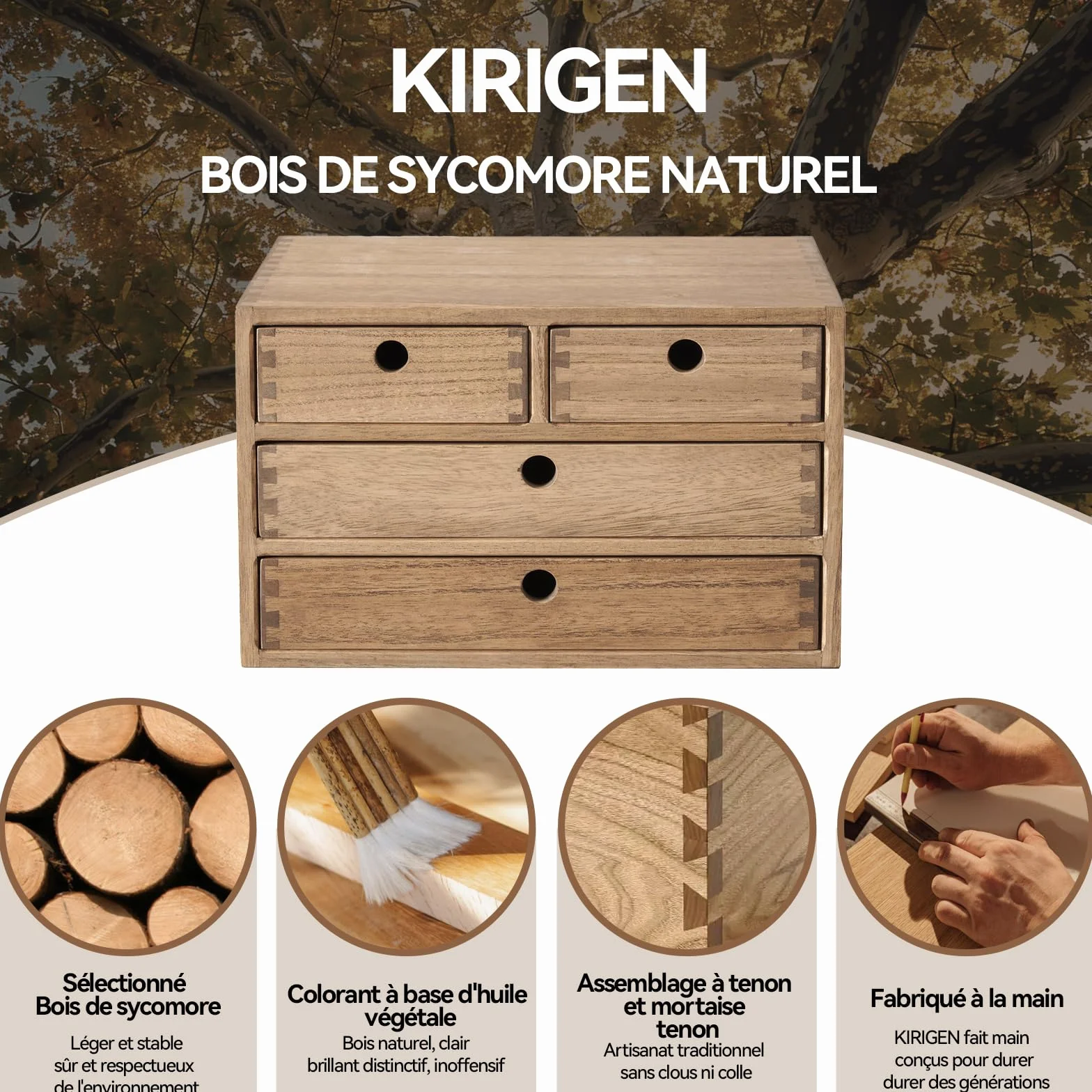 KIRIGEN Boîtes à tiroirs en bois 3 étages 4 tiroirs brun rangement bureau