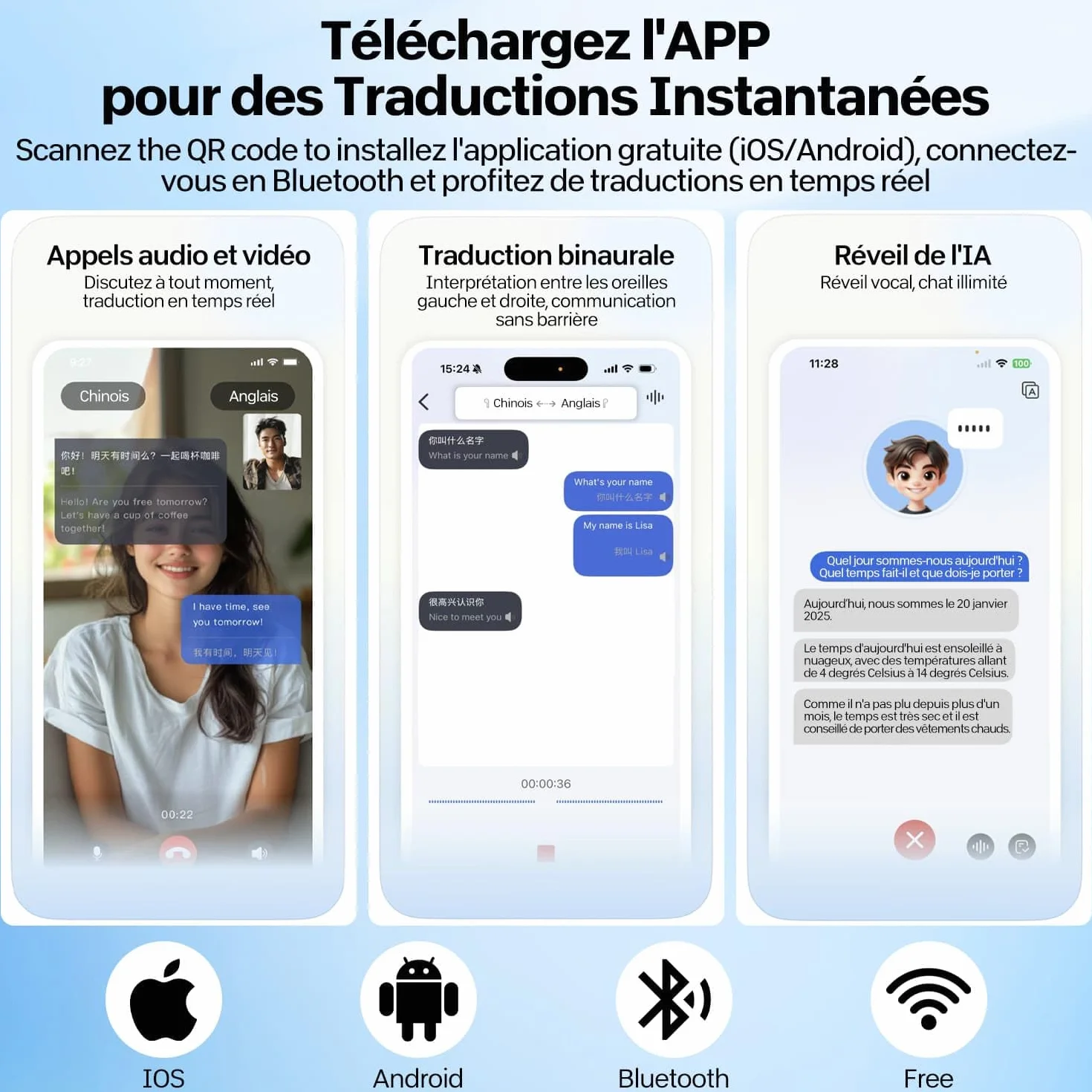 AI Traducteur Instantané Bluetooth 5.4 Oreillette 56h 3 en 1 144 Langues 6 Modes Traduction Voyage Réunion Études