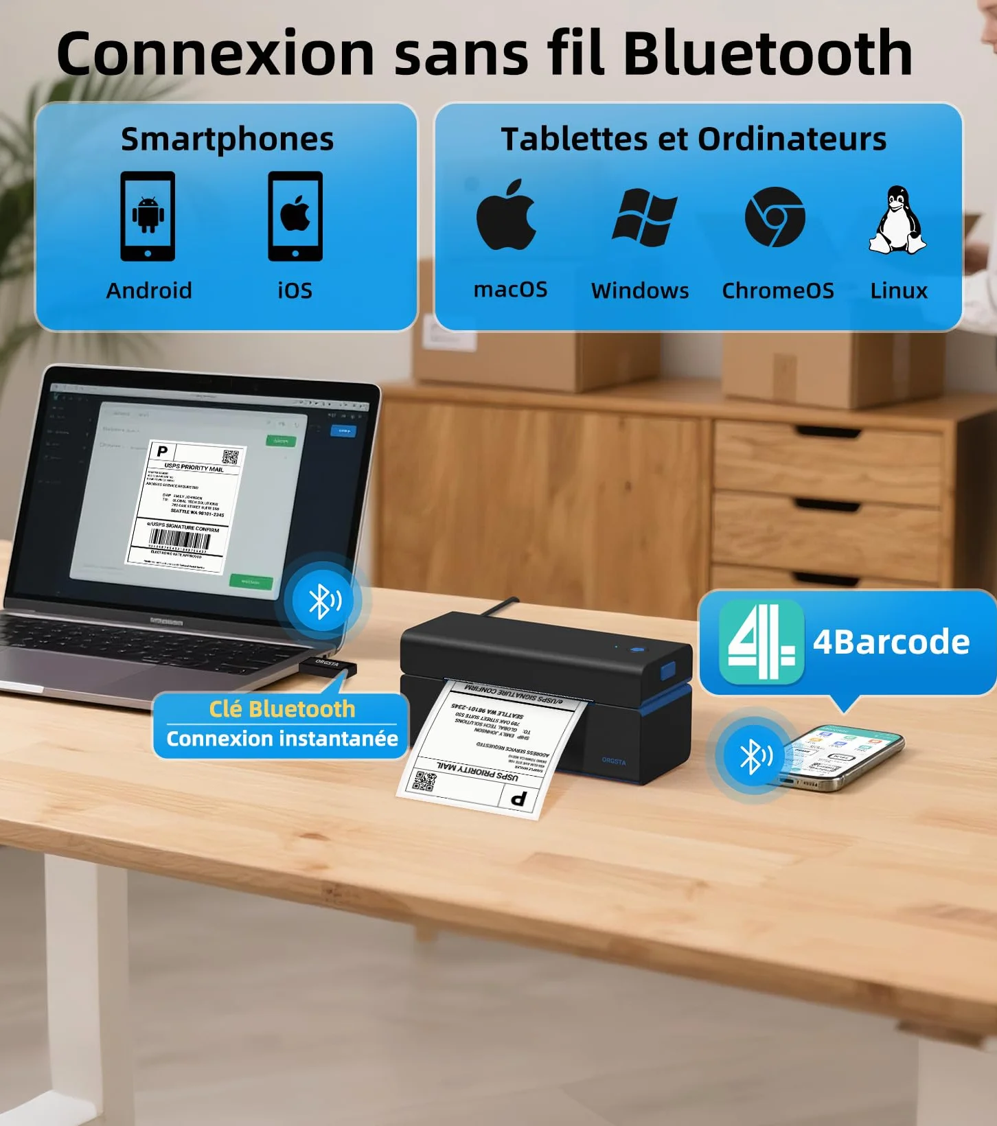 ORGSTA T001 Imprimante étiquettes autocollante 10x15 cm Bluetooth Wireless Thermique