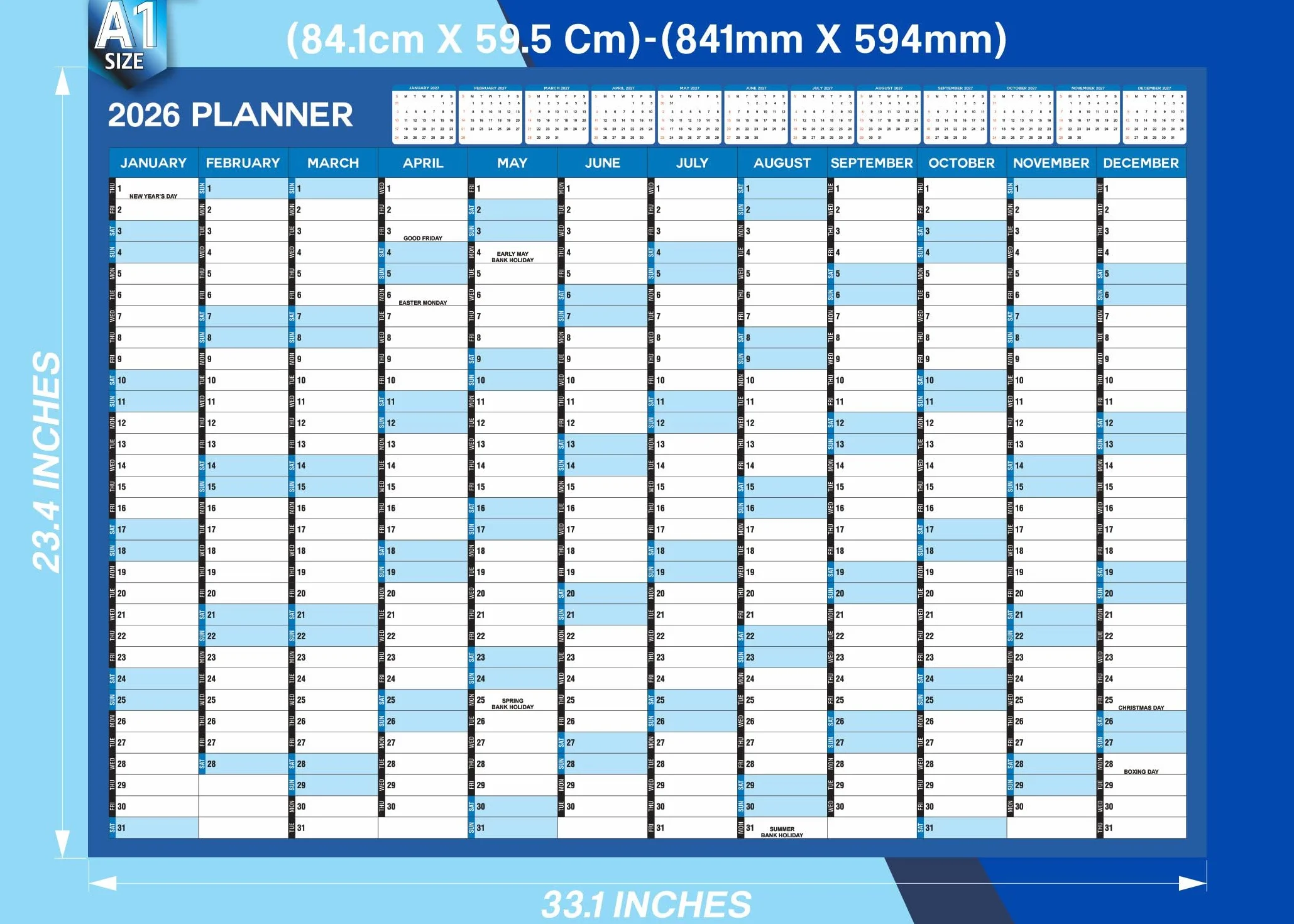 Planificateur mural A1 2026 Calendrier mural grand format janvier à décembre Annuel complet Poster académique