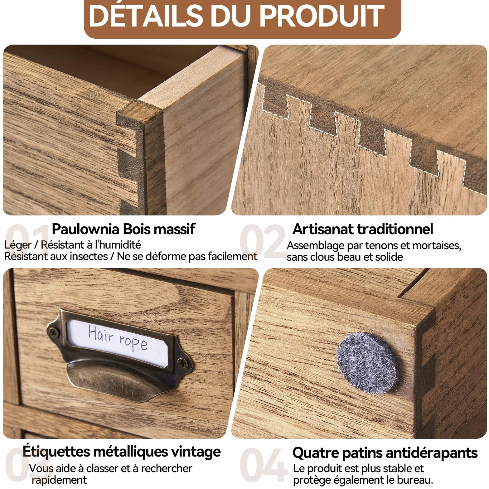 KIRIGEN Boîte de rangement en bois massif - Organisateur de bureau, tiroir multifonctionnel grande capacité