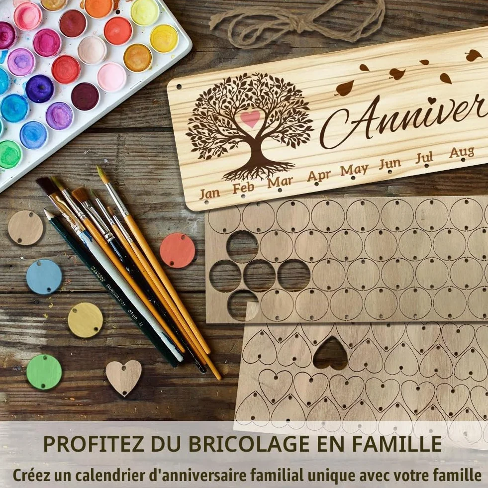 Arbre de Vie Calendrier d'Anniversaire en Bois avec 100 Étiquettes, 40x12cm, Décoration Murale Suspendue pour Saint-Valentin