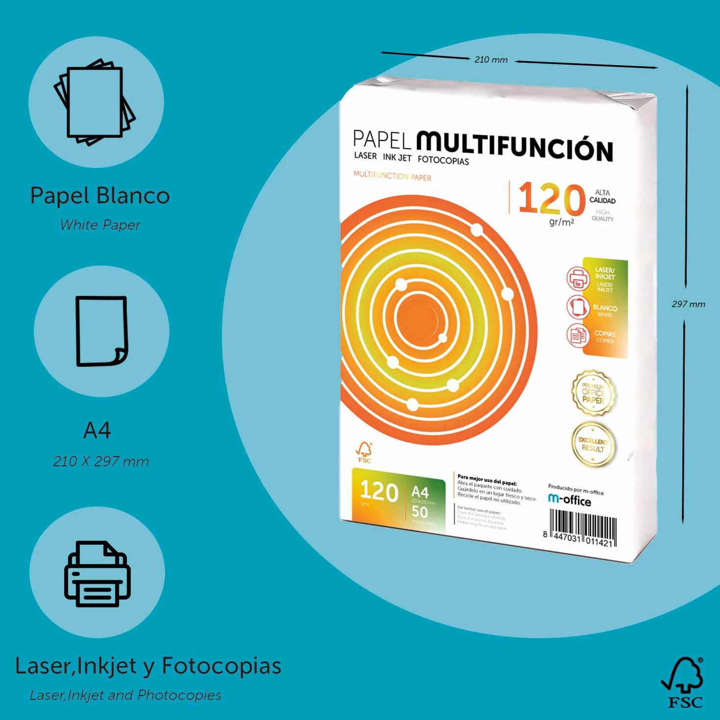 Papier A4 120g 50 feuilles multifonction pour imprimante laser jet d'encre photocopieuse fax bureau scolaire paquet m-office