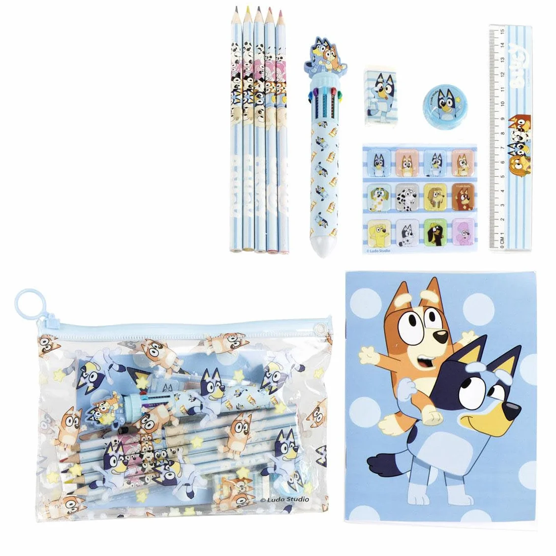 CERDÁ LIFE'S LITTLE MOMENTS Set de Papeterie Scolaire Eva Bluey - Trousse Enfants avec Crayons de Couleur, Marqueurs