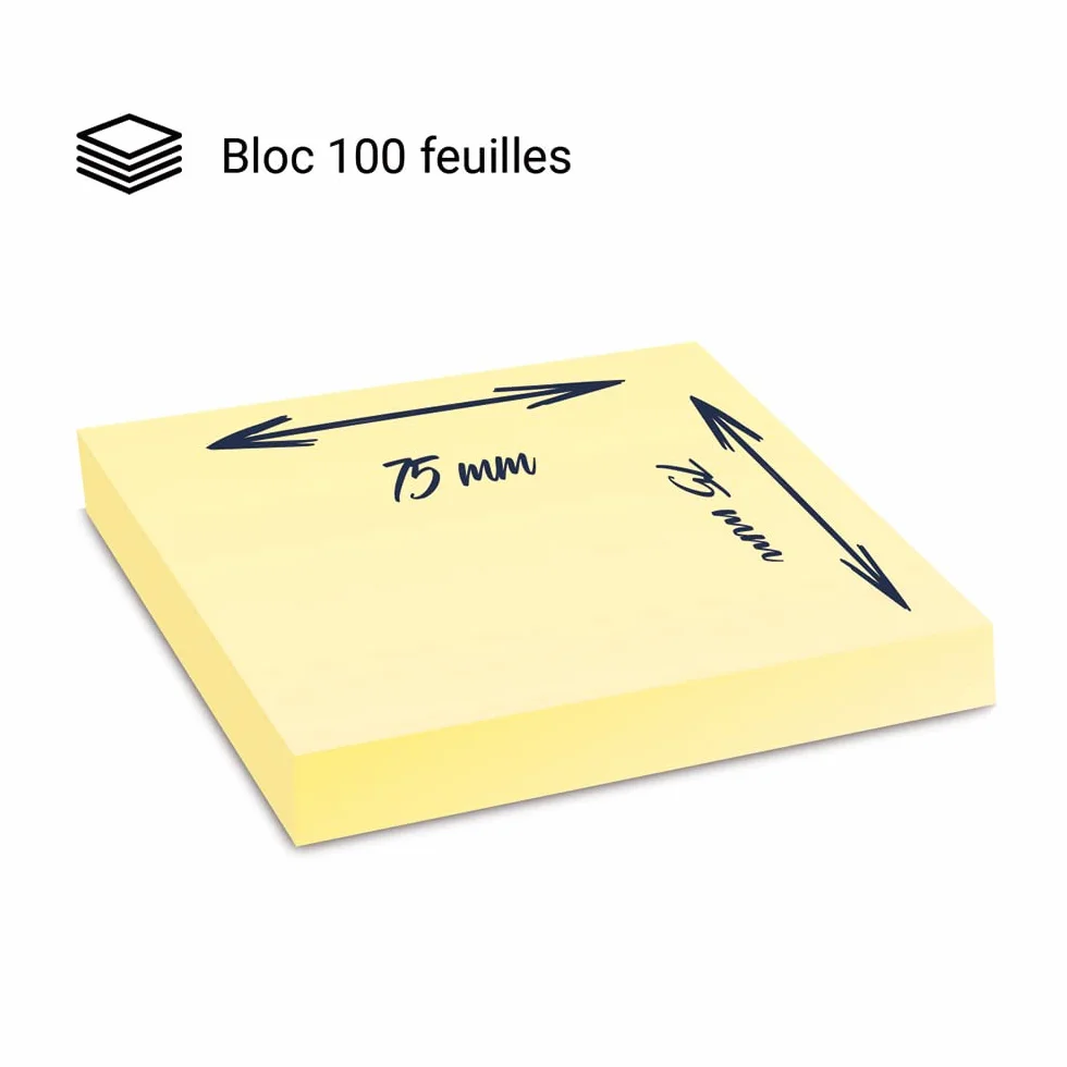 WAYTEX Notes autocollantes 100 feuilles jaunes 75 x 75 mm adhésives repositionnables