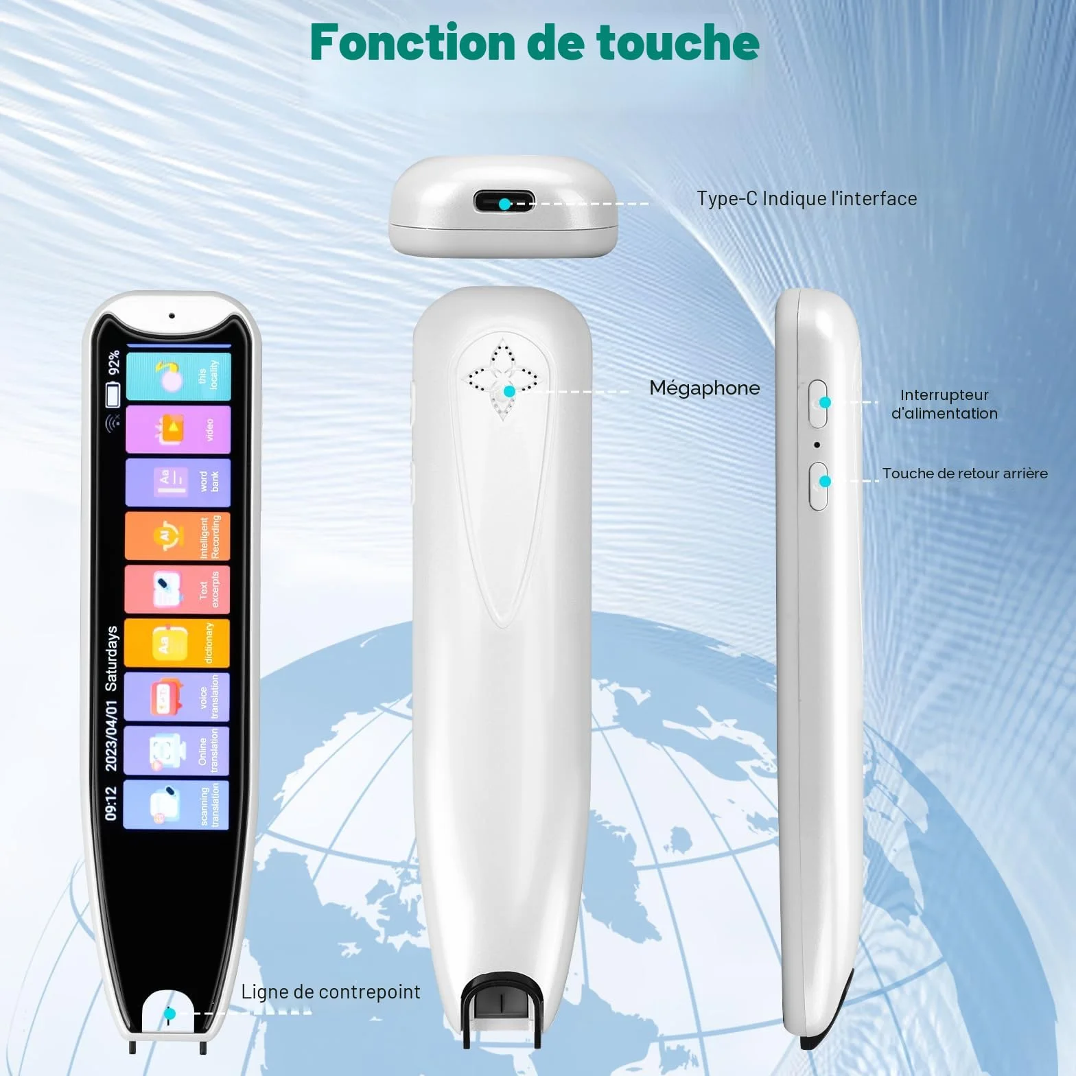 Stylo de Lecture Dyslexique OCR 142 Langues Offline Scanner Traducteur Blanc