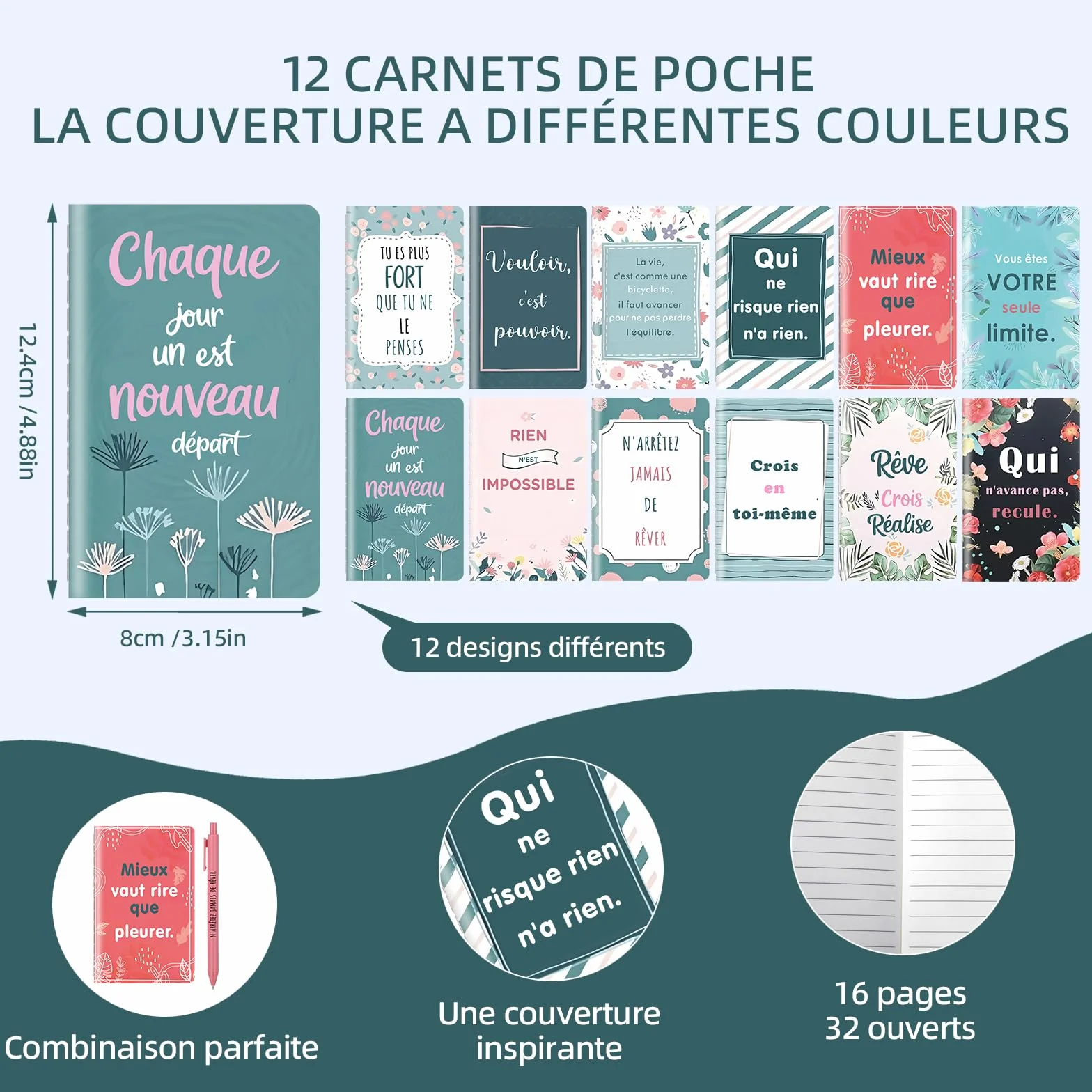 Coffret cadeau 12 pièces carnets stylos bille citations inspirantes