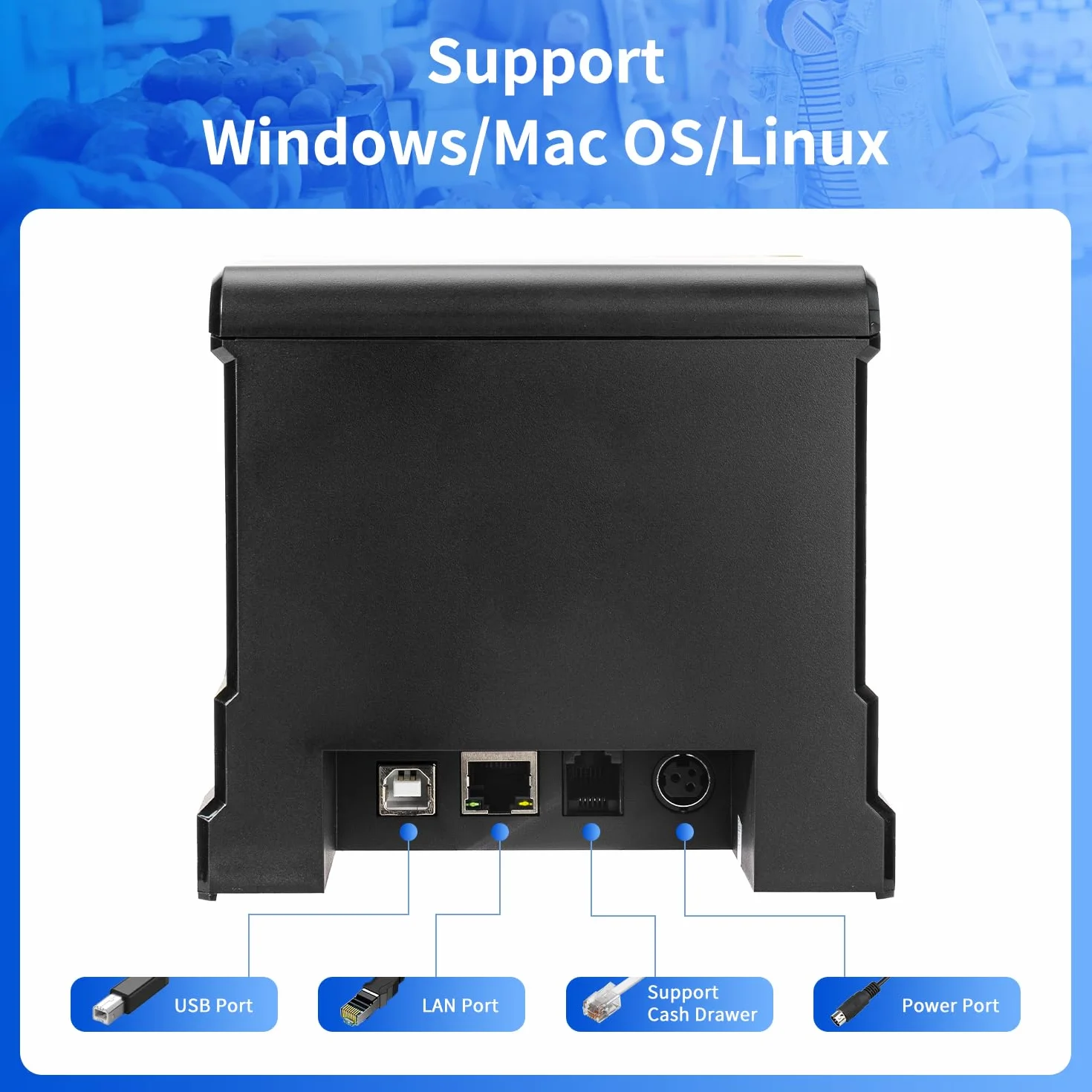 NetumScan Imprimante de reçus POS 80mm Thermique USB 300mm/s Coupe Automatique