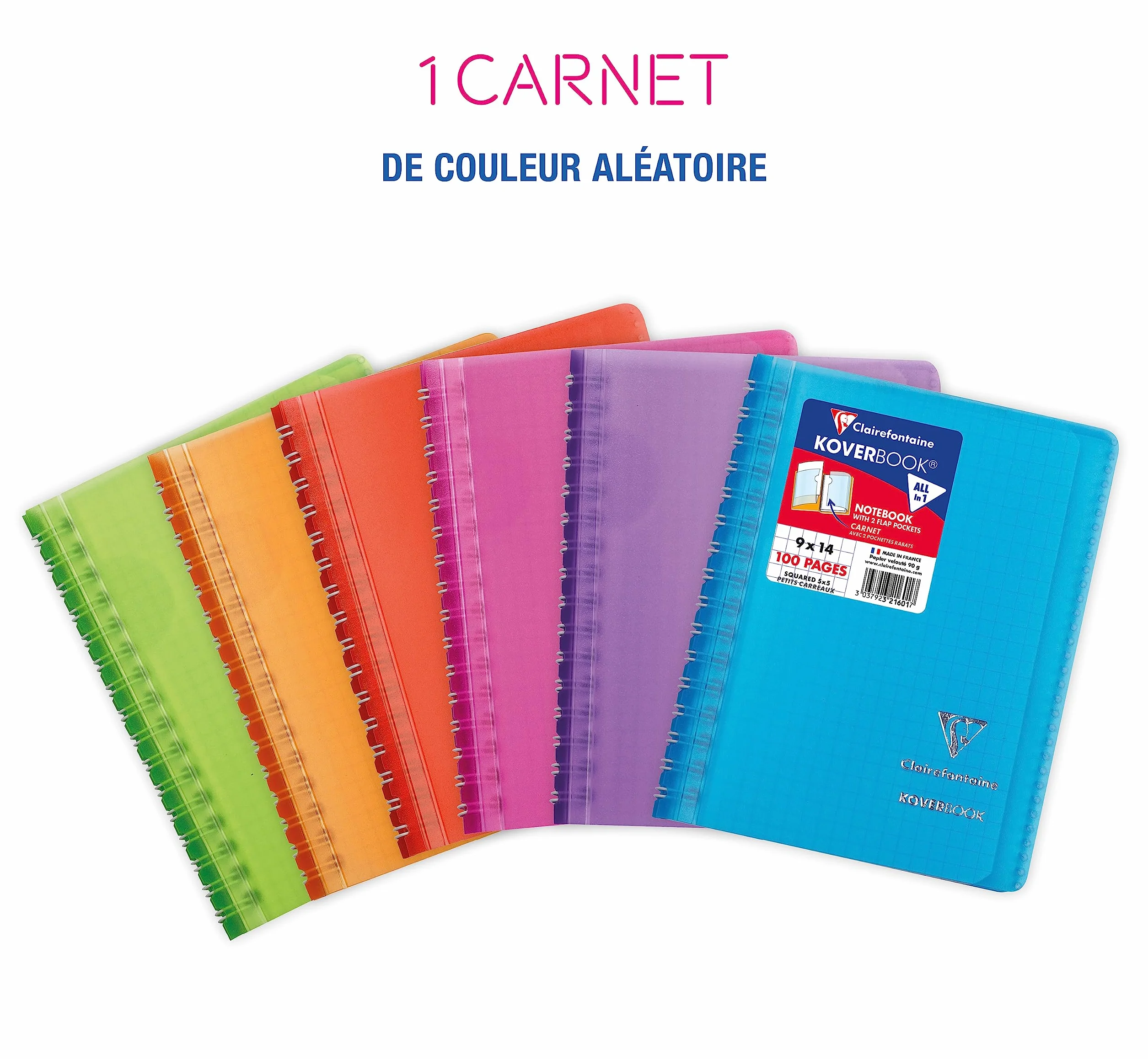 Clairefontaine 321601C Koverbook Carnet à Spirale 9x14cm 100 Pages Petits Carreaux Papier Blanc 90g Couverture Enveloppante Polypro