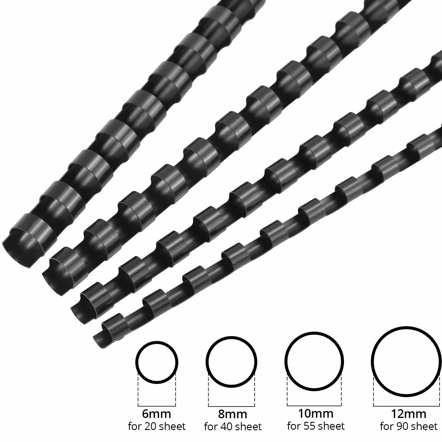 QWORK Pack de 200 Peignes de Reliure A4, 21 Anneaux, Tailles 6/8/10/12 mm, 20-80 Feuilles
