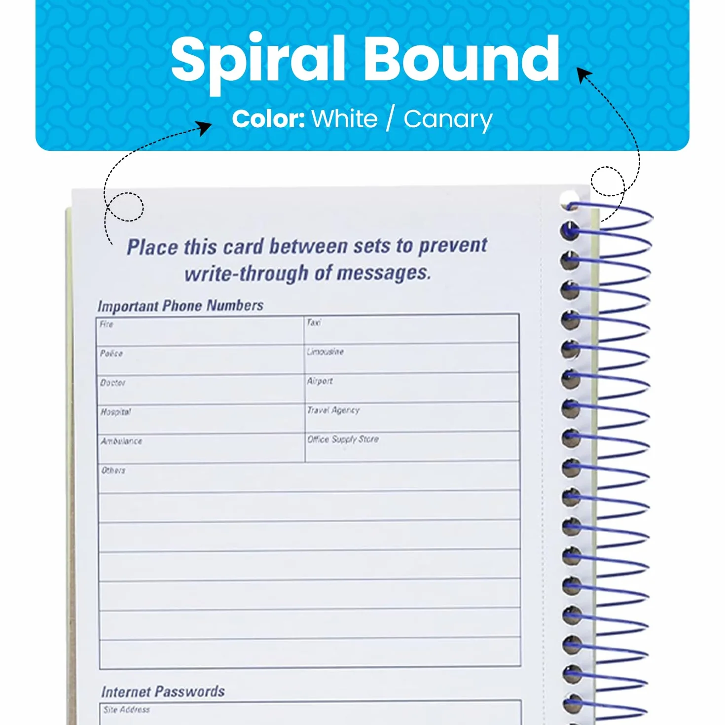 Adams Carnet de messages téléphoniques 13 x 28 cm Reliure spirale 2 parties Sans carbone 4 messages par page 400 ensembles Lot de 2 Blanc et Canari