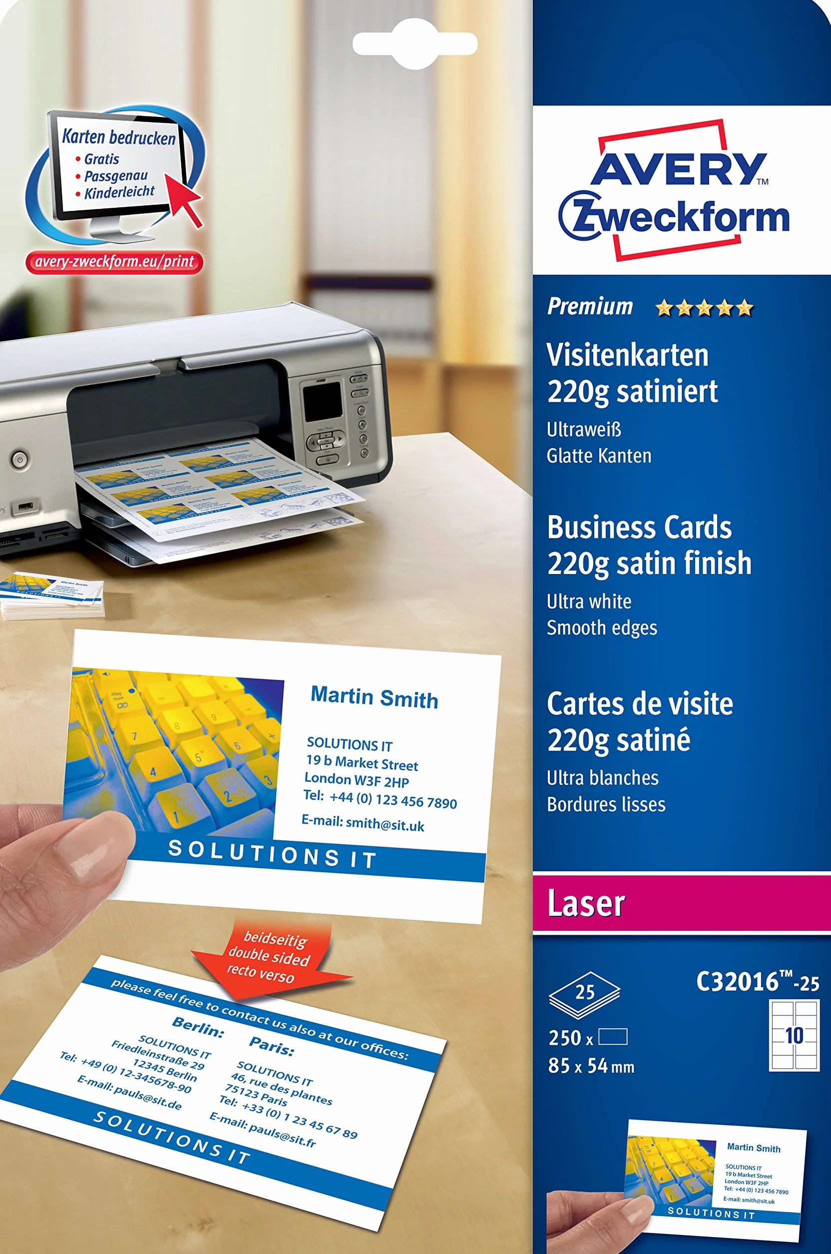 Avery Quick&Clean Cartes de Visite Blanc 220 g/m² Lot de 25