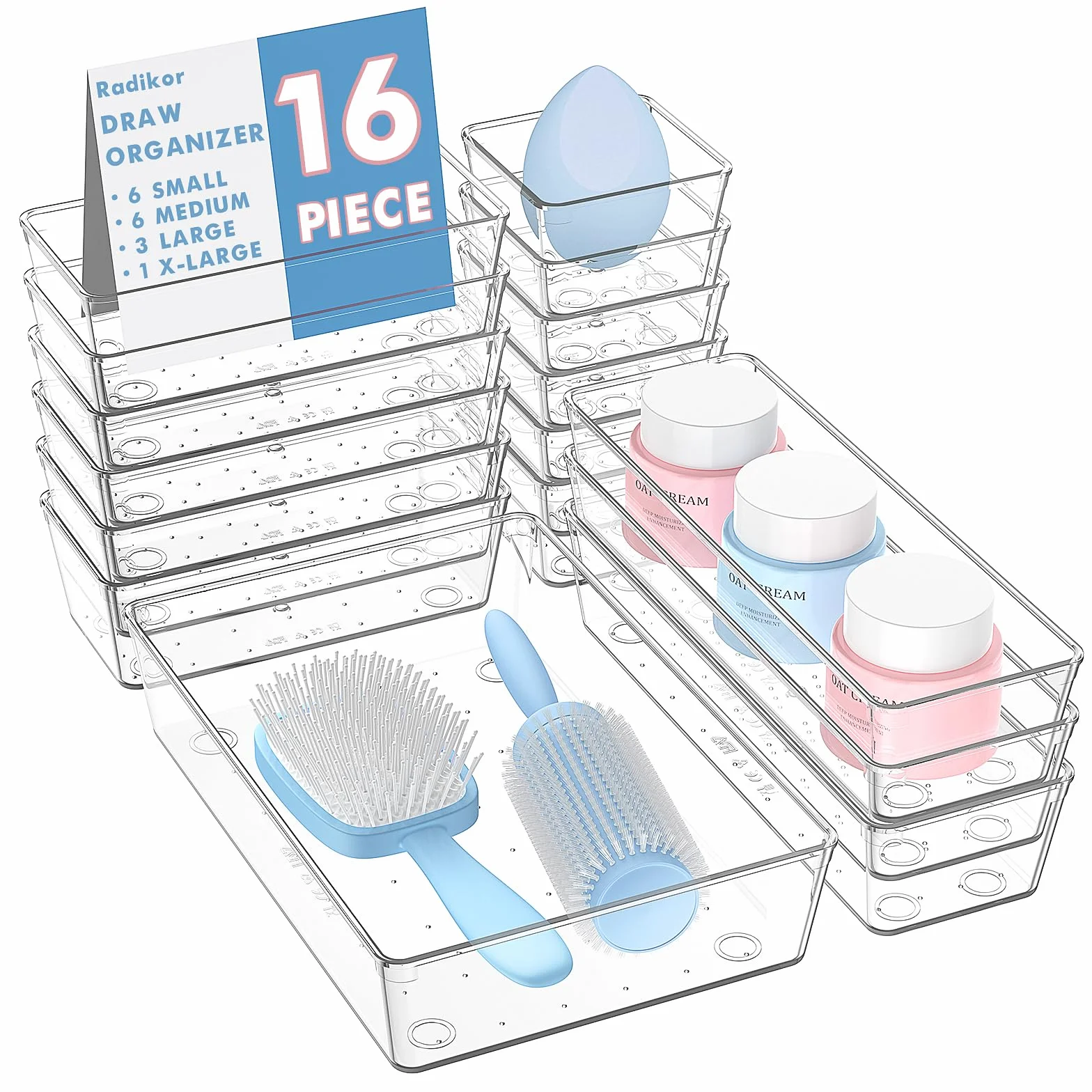 Radikor Lot de 16 Organisateurs de Tiroir, Bacs de Rangement Plastique Transparent, 4 Tailles pour Salle de Bain, Cuisine et Bureau