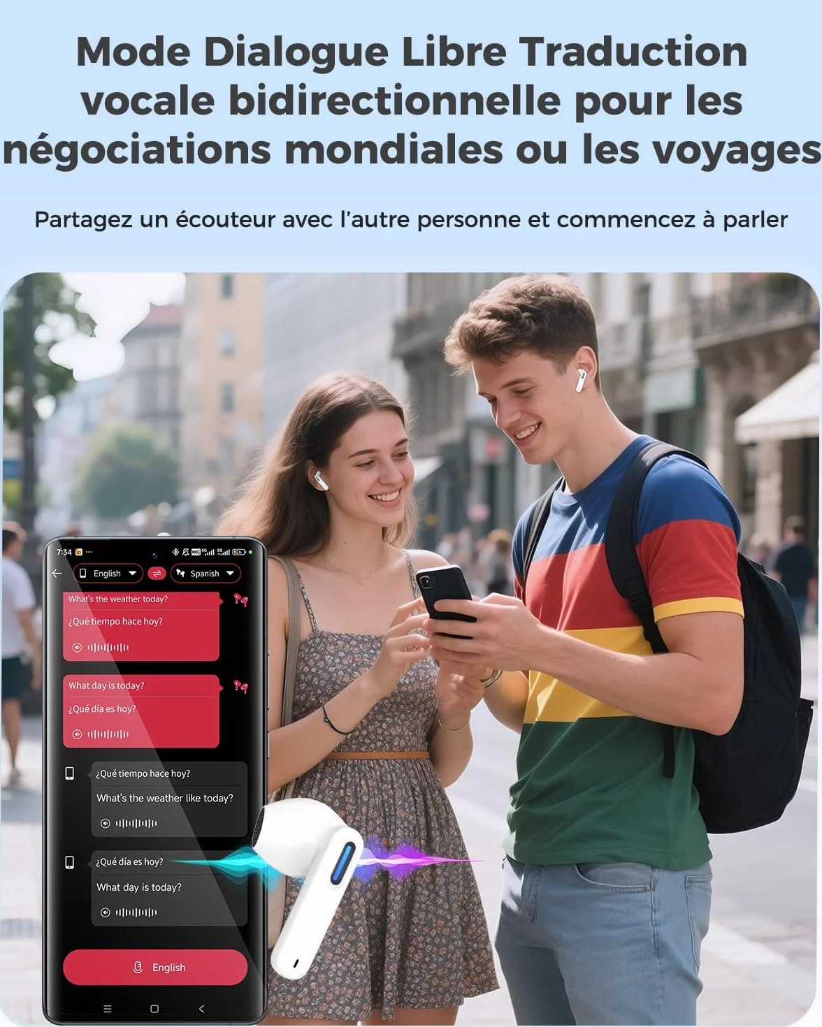 Écouteur Traducteur Instantané IA NE49 5-1, 150 Langues 6 Modes, Bluetooth 6.0, Autonomie 40h, Blanc