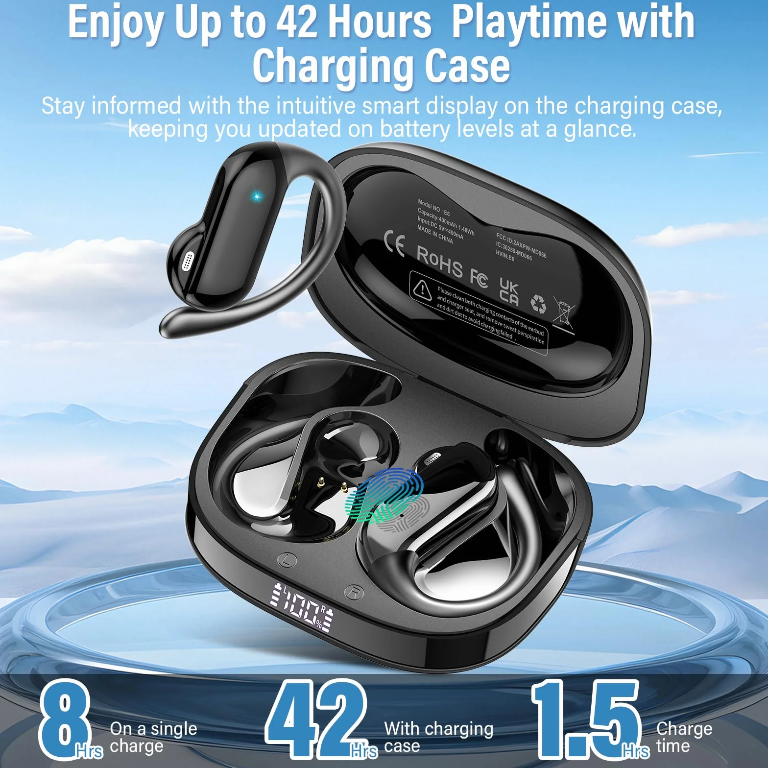 AI Ecouteur Traducteur Instantané Bluetooth 5.4 165 Langues 8 Modes Traduction 42H Open Ear ENC APP Noir