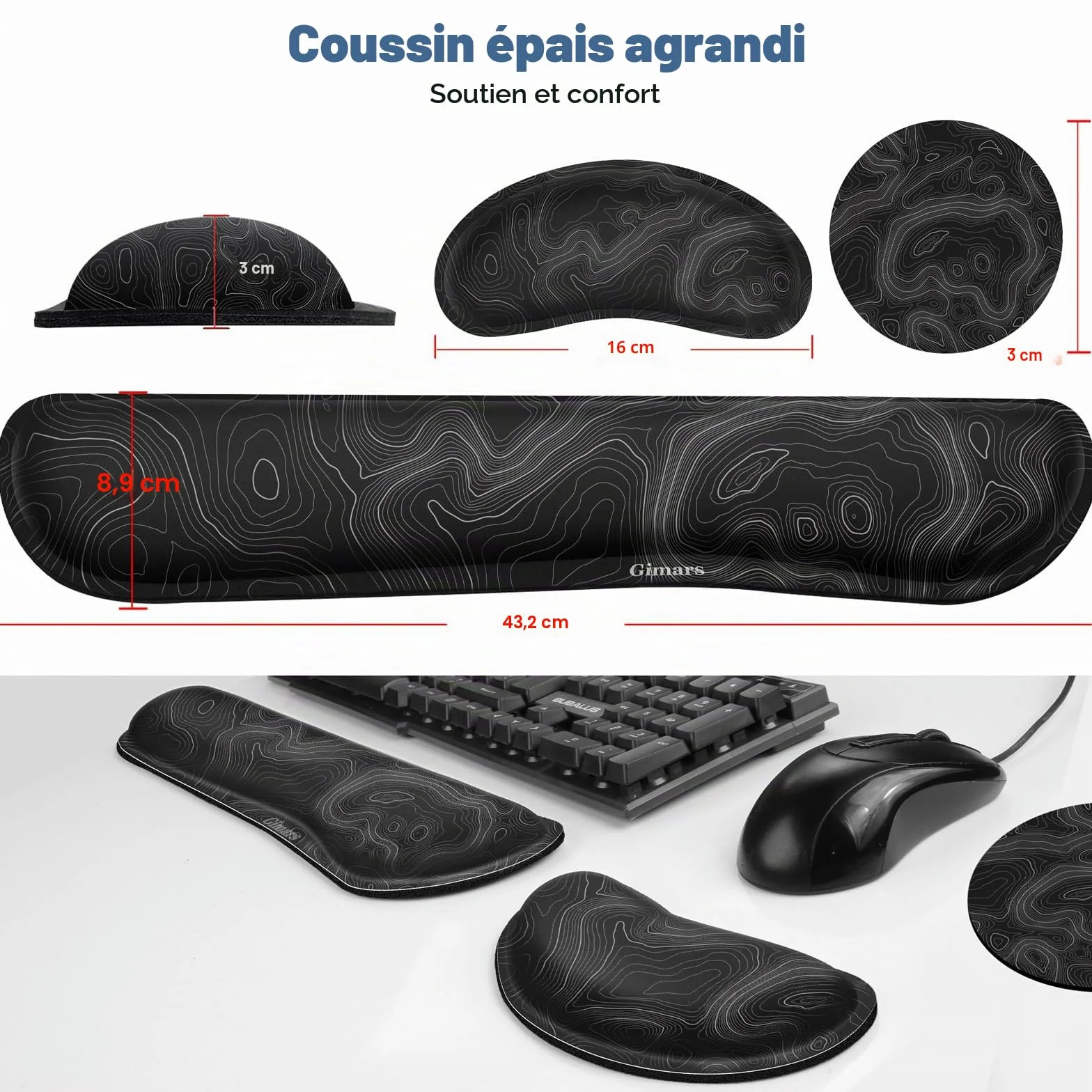 Gimars Repose Poignet Clavier Ergonomique Mousse à Mémoire Support Tapis Base Antidérapant PU Bureau Gamer