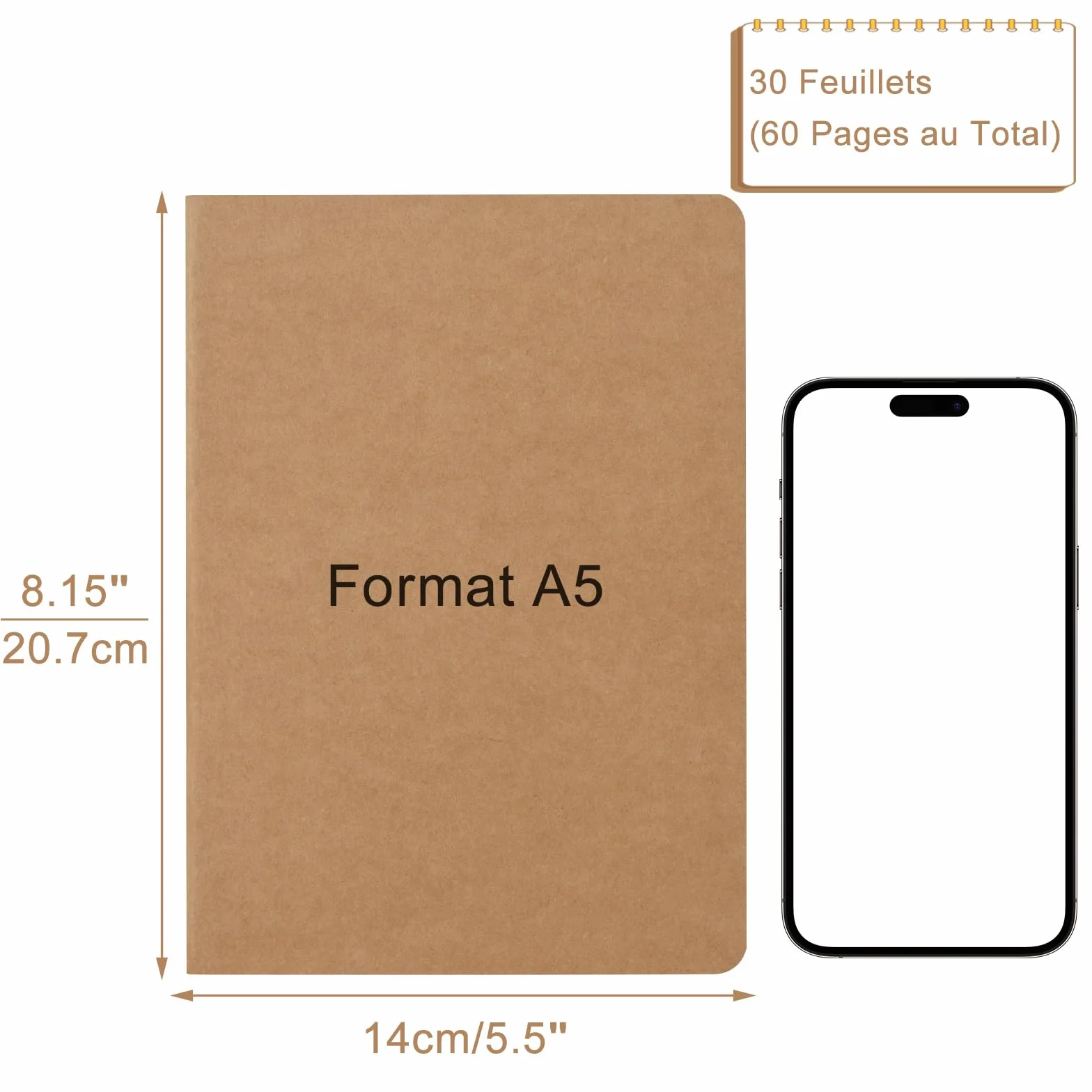 Cahiers Lignés Kraft 60 Pages par Bloc, Lot de 12 Blocs Carnet de Notes 80 gsm