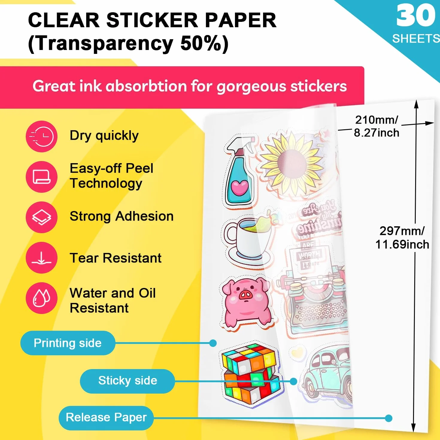 Papier Autocollant A4 Vinyle Imprimable Transparent Imperméable 30 Feuilles 21 x 29,7 cm
