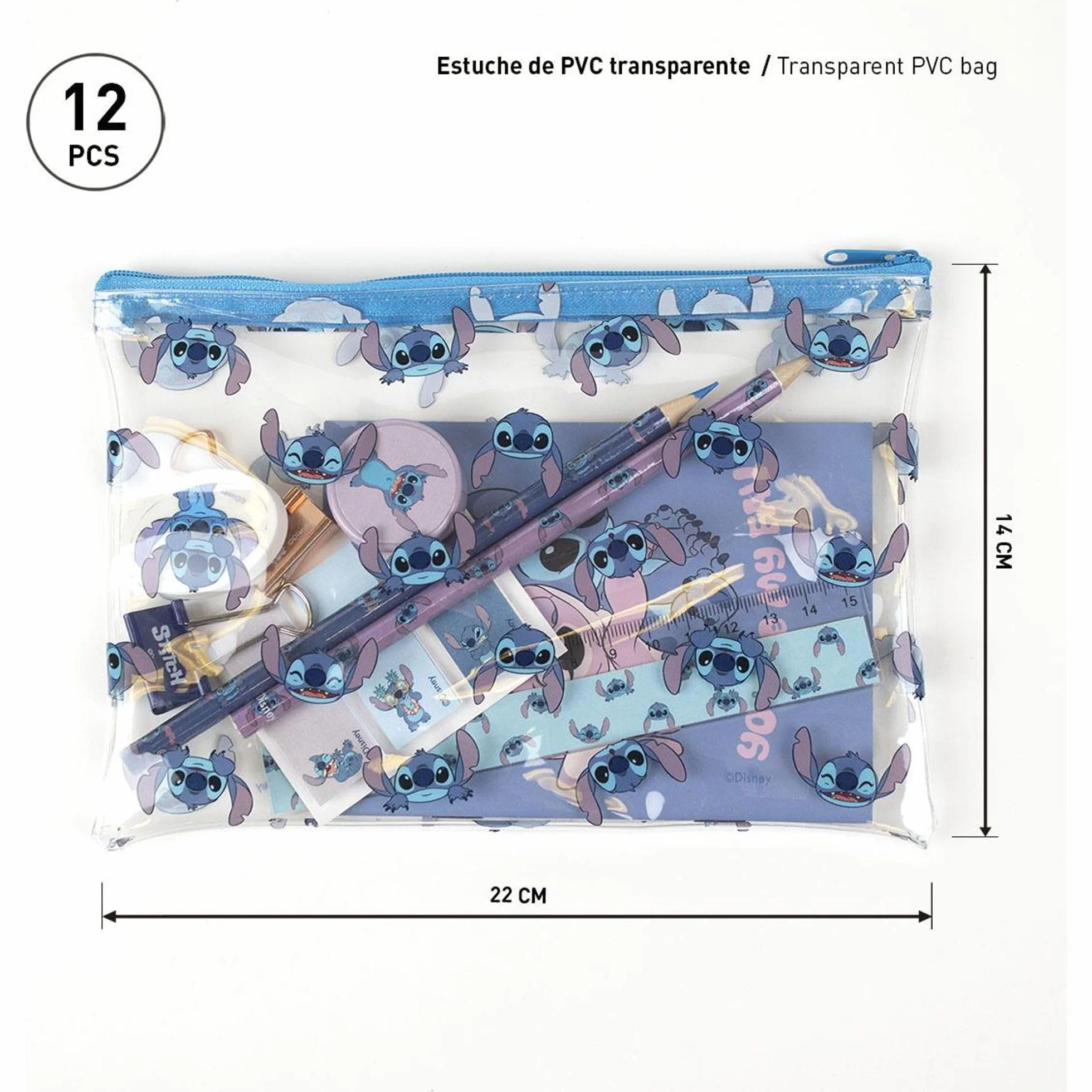 Set Papeterie Stitch Cerdá Life's Little Moments Bleu avec Trousse Cahier Crayon Taille-Crayon Gomme Règle Notes Autocollantes Trombones