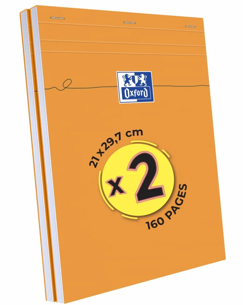 OXFORD Blocs-Notes A4 Petits Carreaux 5mm 80 Feuilles Orange Lot de 2